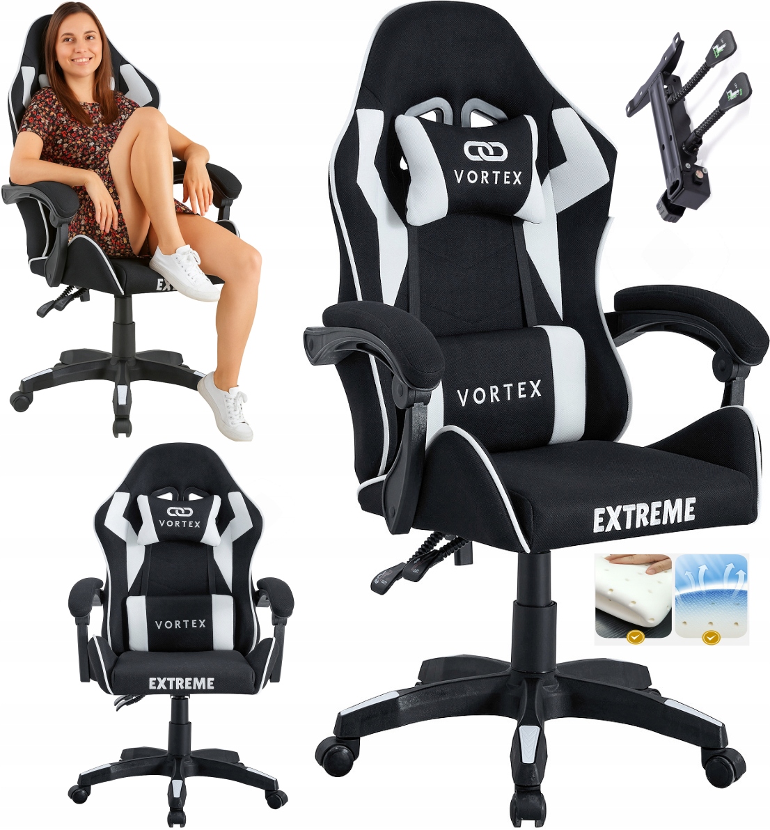 Fotel Gamingowy Obrotowy Etreme Vortex Materiałowy Czarny Biały Biurowy