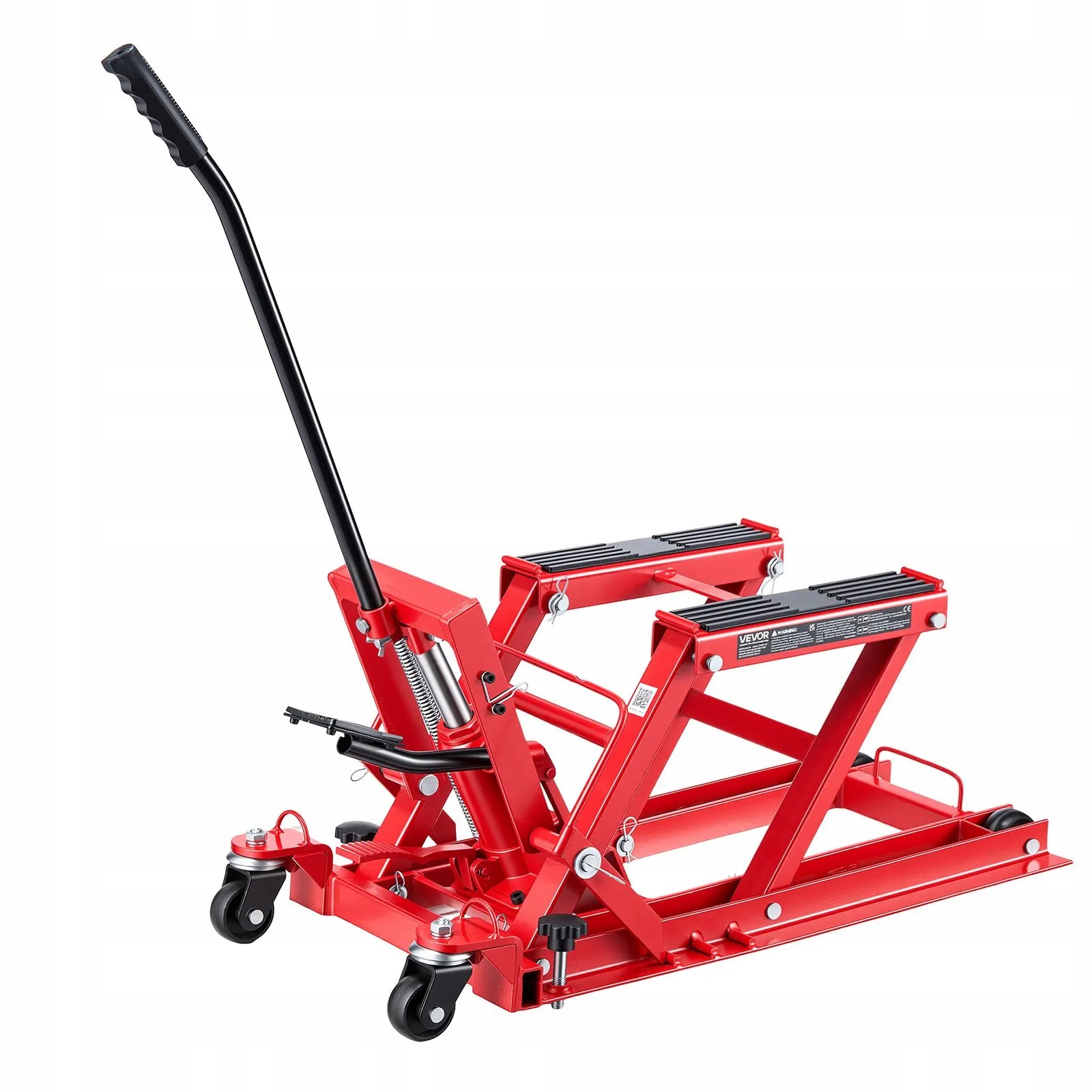 Hydraulický zdvihák na motocykel, silný, 680 kg, červený, 115 385 mm, 4 kolieska