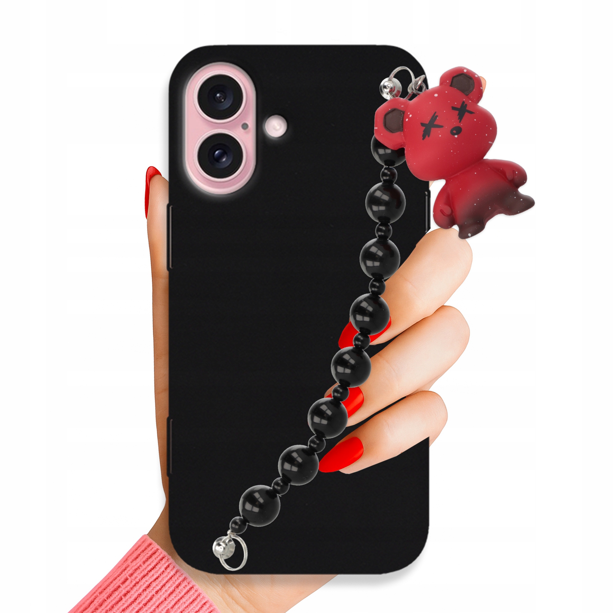 Puzdro Pre Iphone 16 Blink Čierny Mat Retiazka A Červený Medvedík Ozdoba