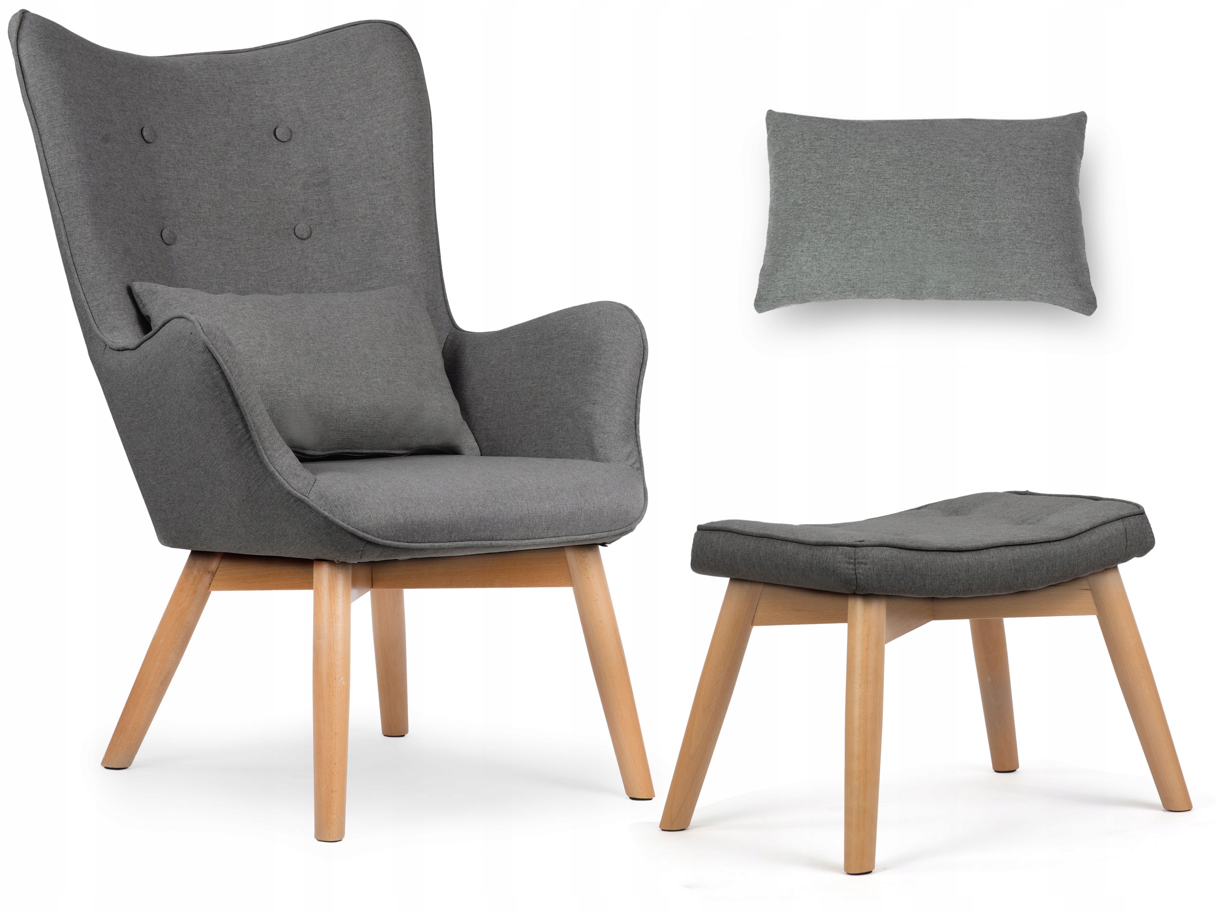 Fotel USZAK SZARY styl skandynawski + podnóżek poduszka