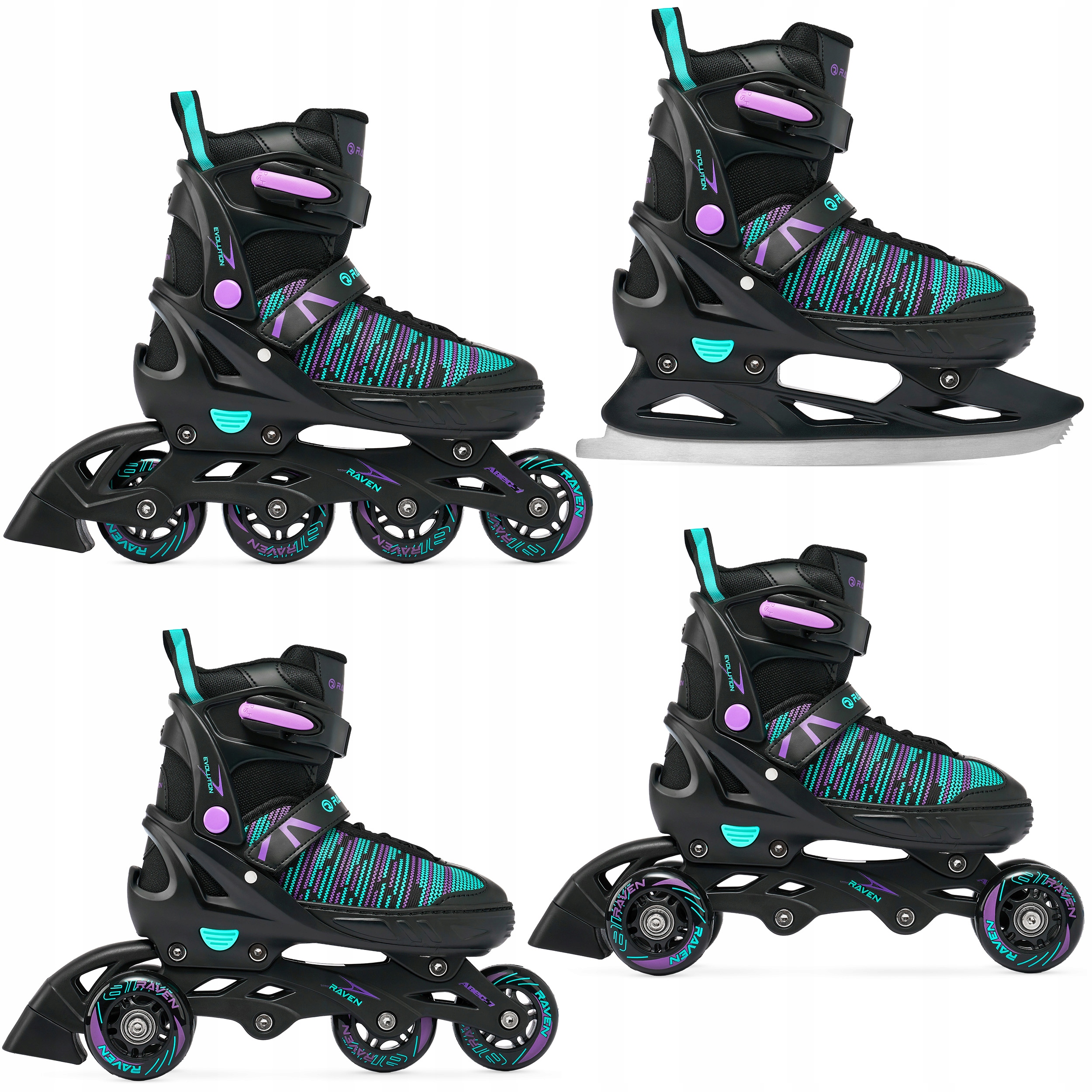 Rolki Wrotki Łyżwy 4w1 Regulowane Raven Cande Black/Violet/Mint 38-42