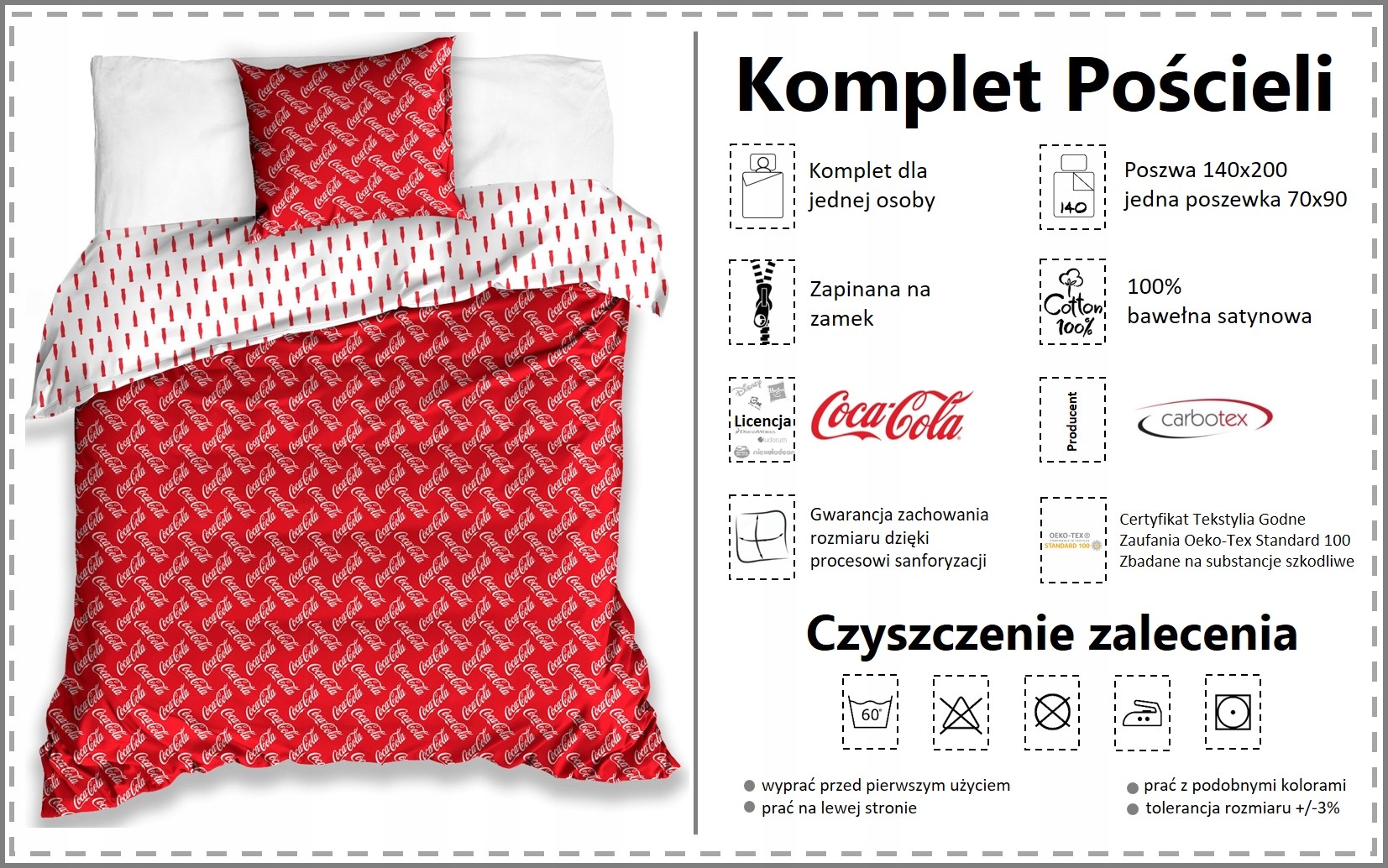 Pościel 140x200 Coca Cola Satyna Marka Carbotex
