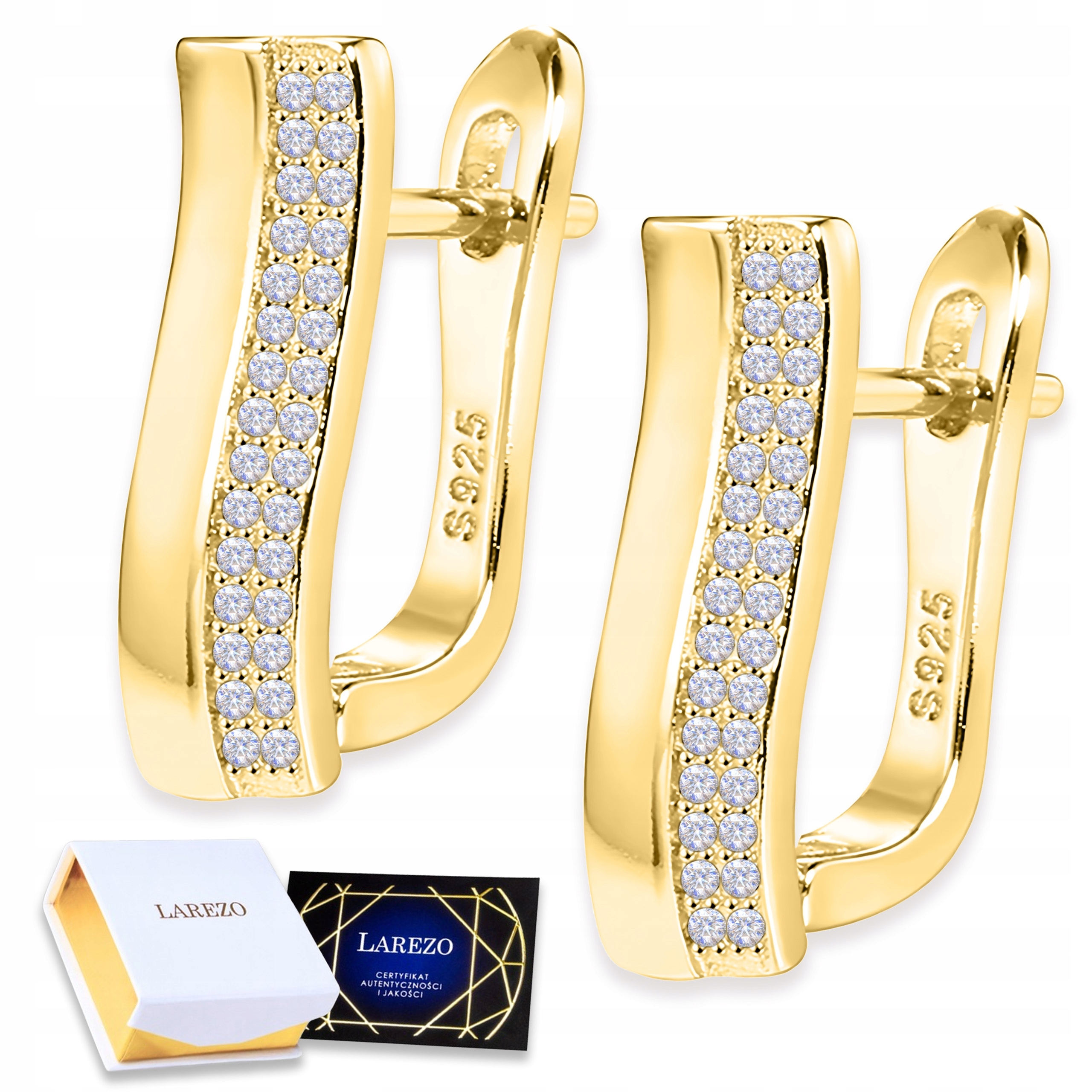 Zlaté Náušnice Klipsy Obdélníky Čtvercové Zirkony Stříbro 925