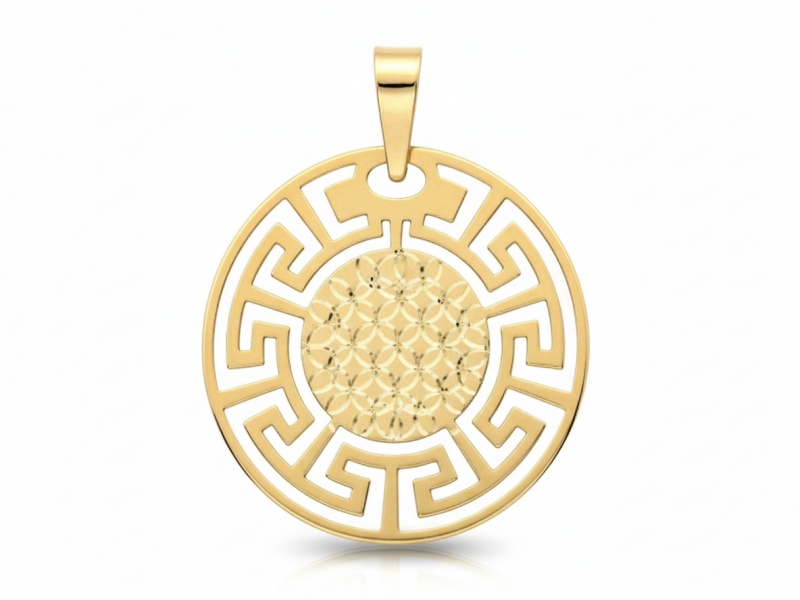 Zlatý přívěsek 585, velká kulatá prolamovaná destička s řeckým vzorem, 1.42 g