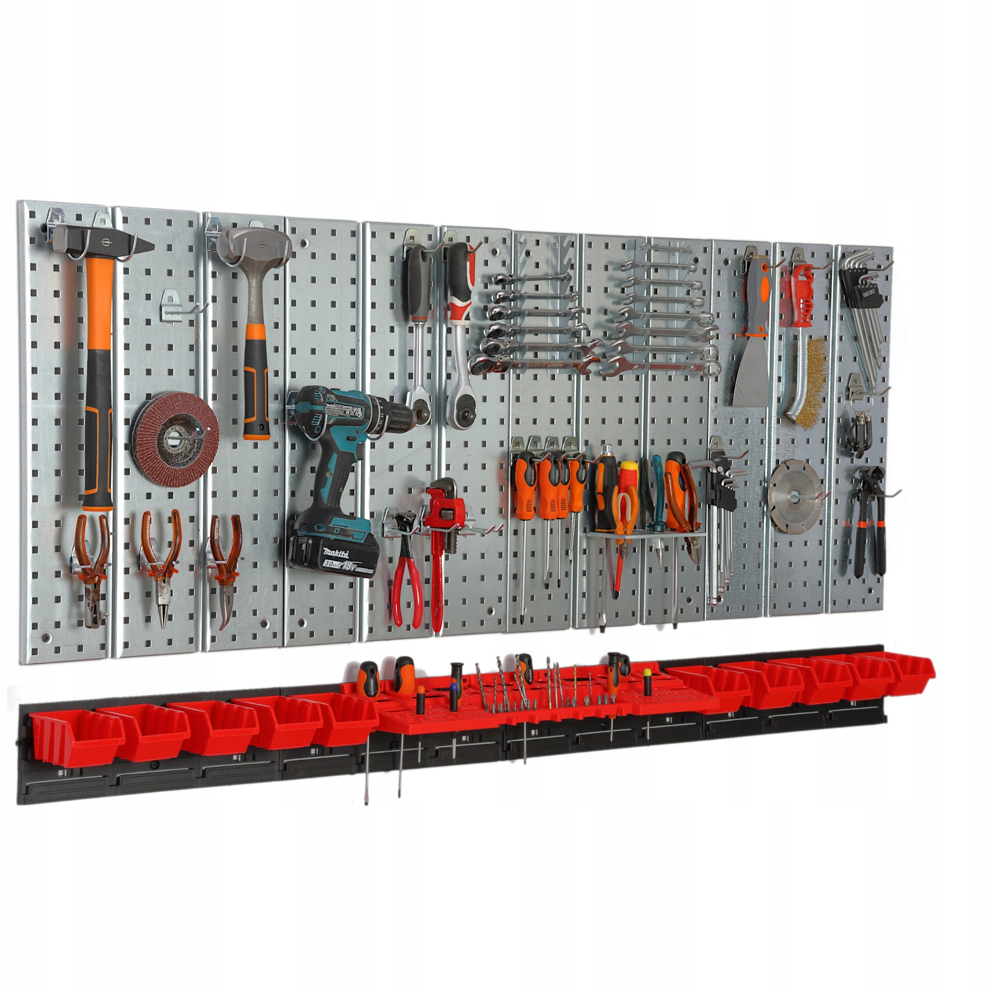 Kovová tabuľa na náradie 1560 x 713 mm stena 10 podnosov dielňa garáž