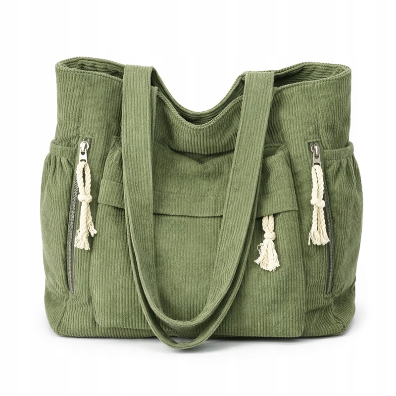 Torebka Damska Shopper Sztruksowa A4 z Organizerem Zielona Miejska Do Pracy