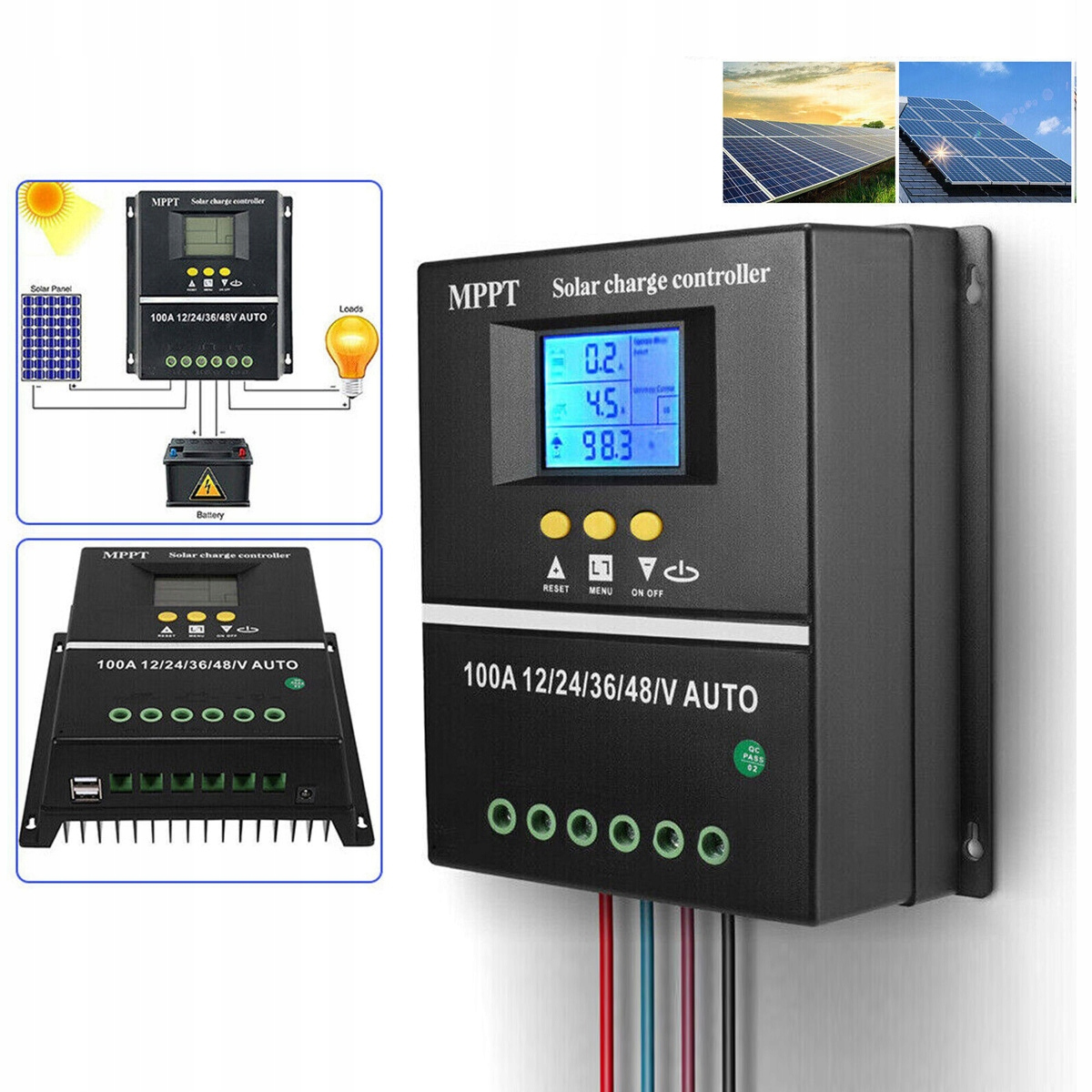 Regulátor Nabíjení 100A 12V/24V/36V/48V 2XUSB LCD Mppt Solární Regulátor
