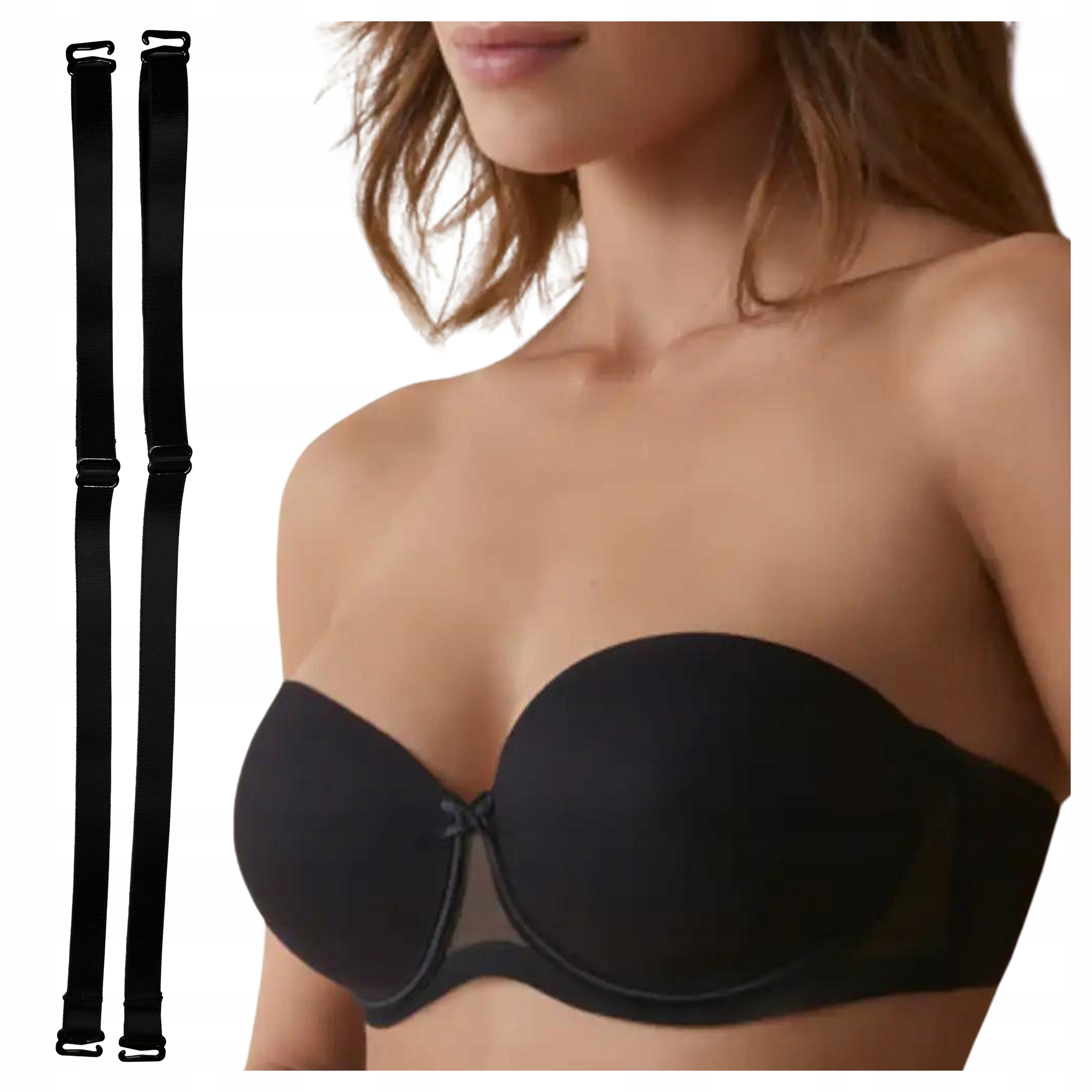 Biustonosz Samonośny Bardotka Stanik Silikonowa Taśma +Ramiączka Czarny 90C