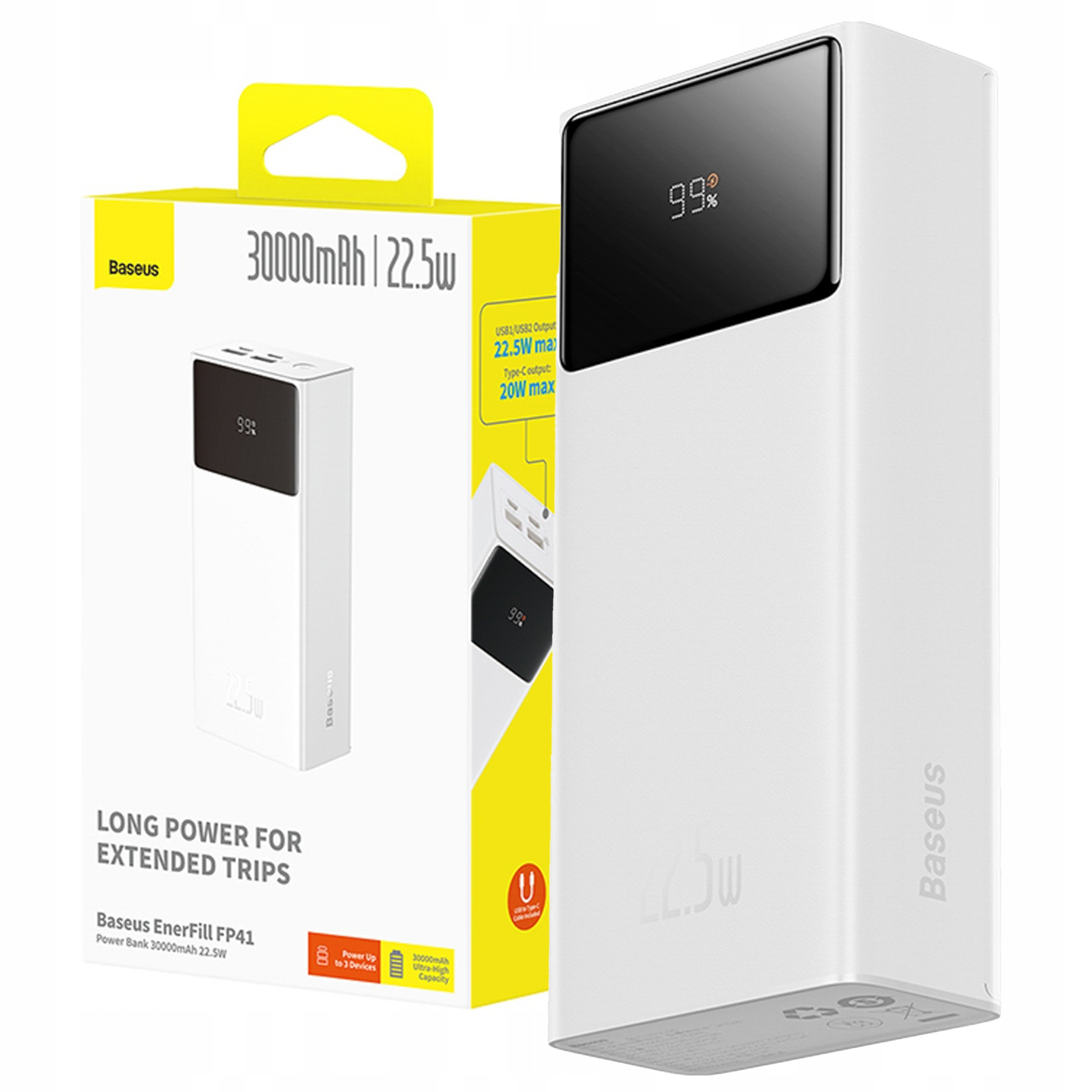 Baseus Power Banka 30000 Mah Usb-c Pd 22.5W Výkonná Rychlá Bezpečná S Kabelem