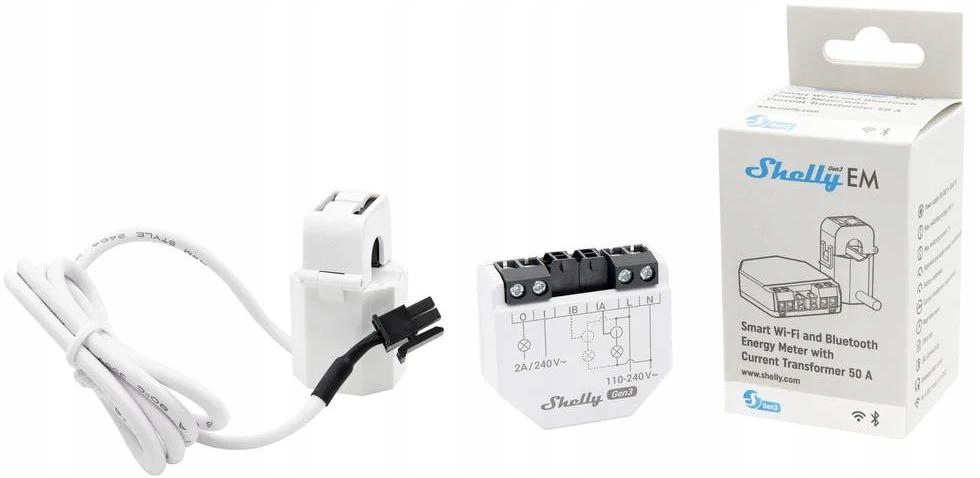 Shelly Em Gen3 s 1 x 50A prúdovým transformátorom (ct) v balení