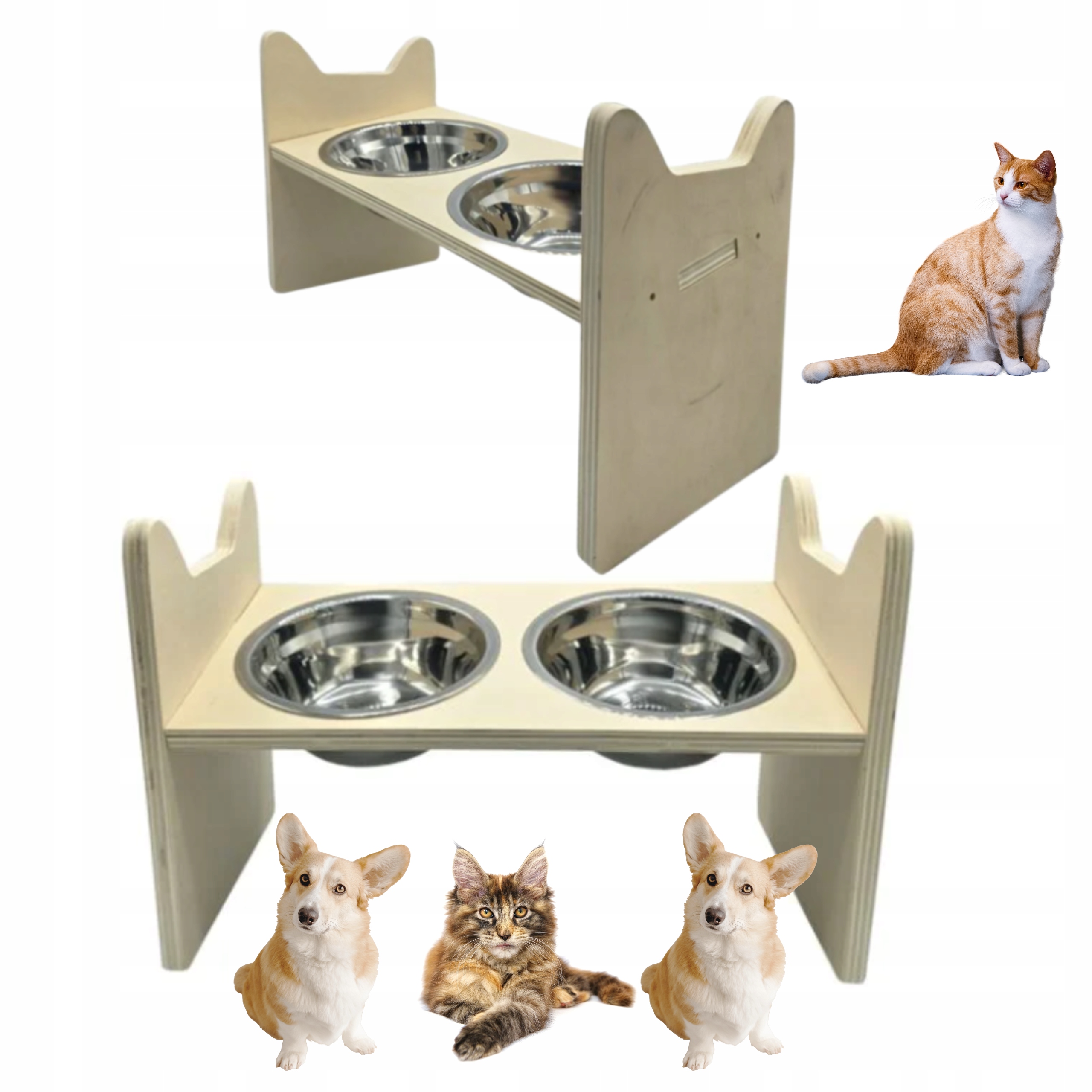 Levně Stojan na Misky Pro Kočky 2 x miska z oceli Nerezová Ocel na vyvýšenině