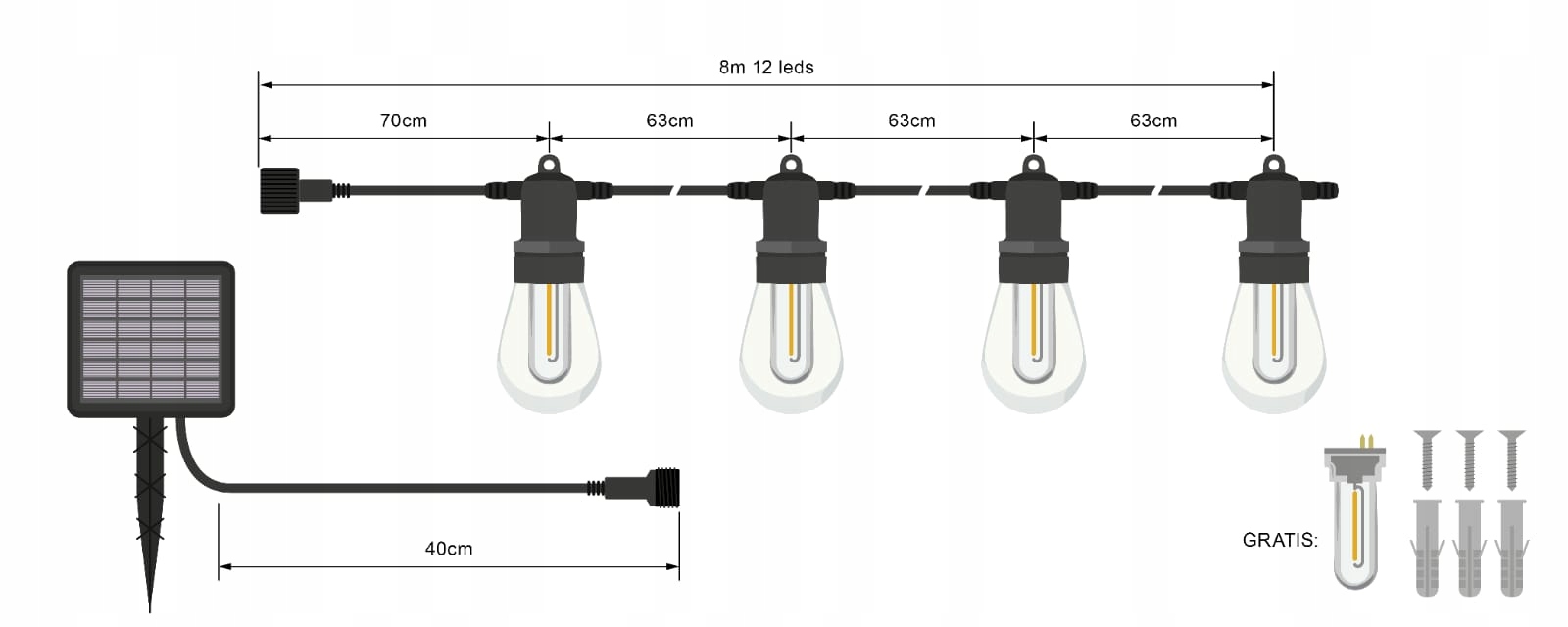 Girlanda Solarna ogrodowa LED 7,6m 12 żarówek łańcuch świetlny WODOSZCZELNA Długość 760 cm