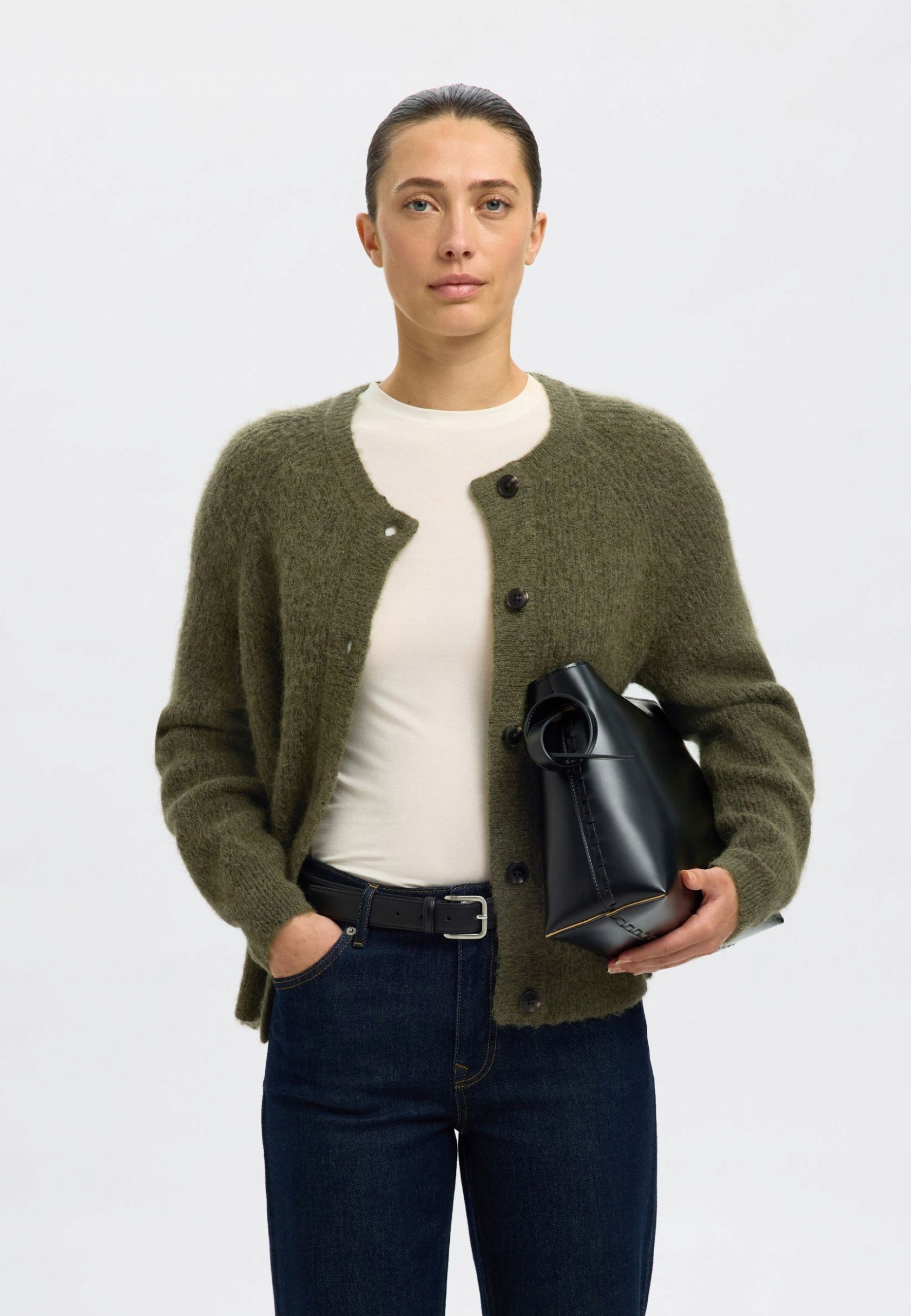 Selected Zelený Dámský Klasický Svetr S Knoflíky, Vlna M 6FA