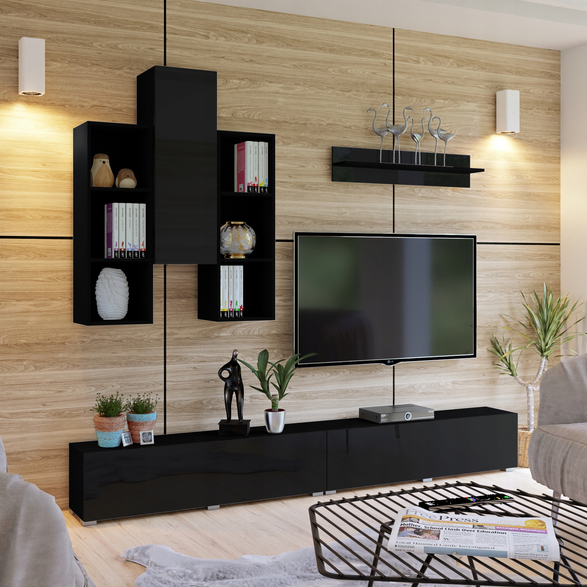 

Meblościanka 280cm Szafki Półki Rtv czarny połysk