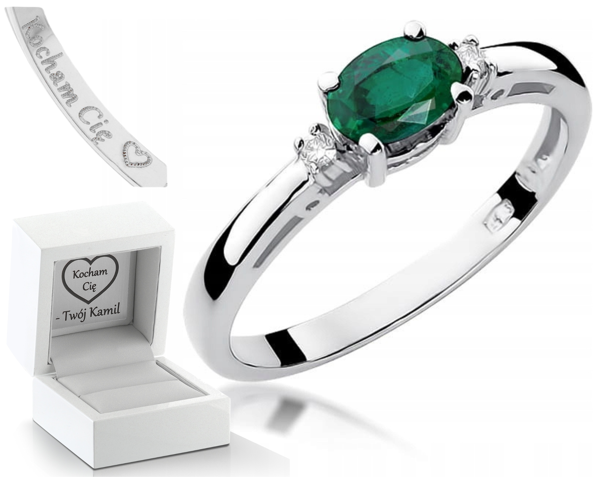 Bílé Zlato Prstýnek Smaragd Brilianty Gravírování