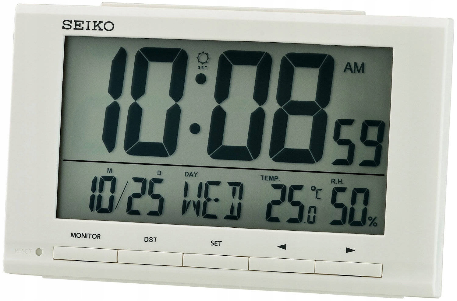 Budík Seiko QHL090W Teploměr Vlhkoměr Alarm