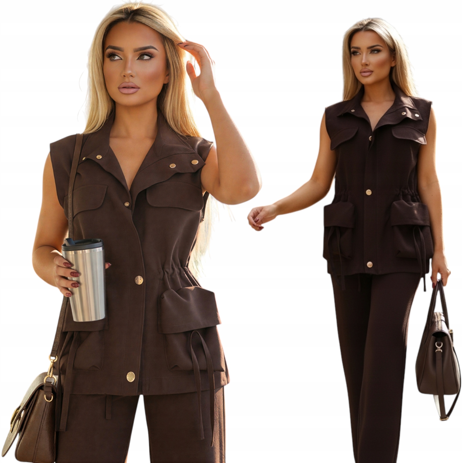 Dámský komplet Vesta Kalhoty Elegantní Polská výroba Čokoláda M