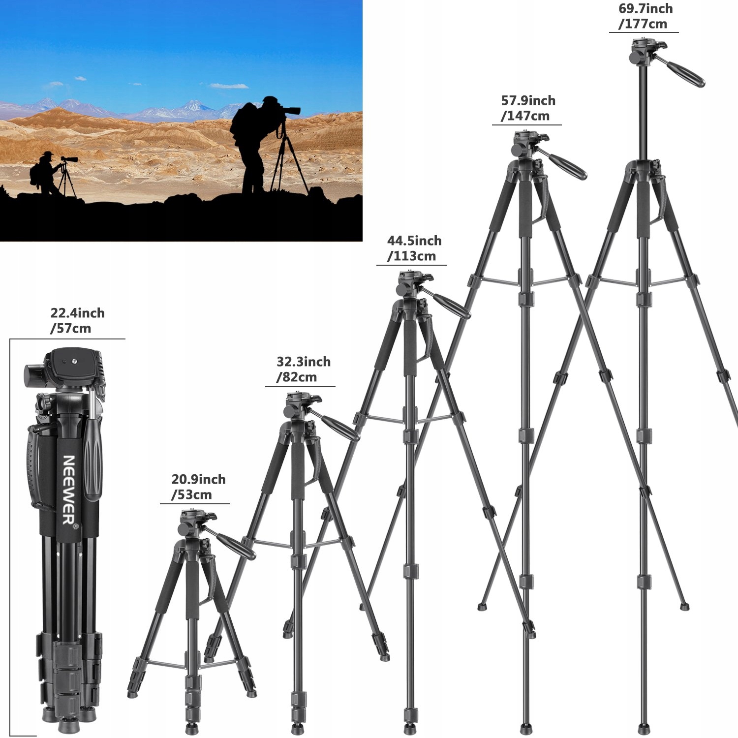 NEEWER Przenośny Statyw Aluminiowy 177cm z Głowicą Panoramiczną do DSLR — miniatura 4