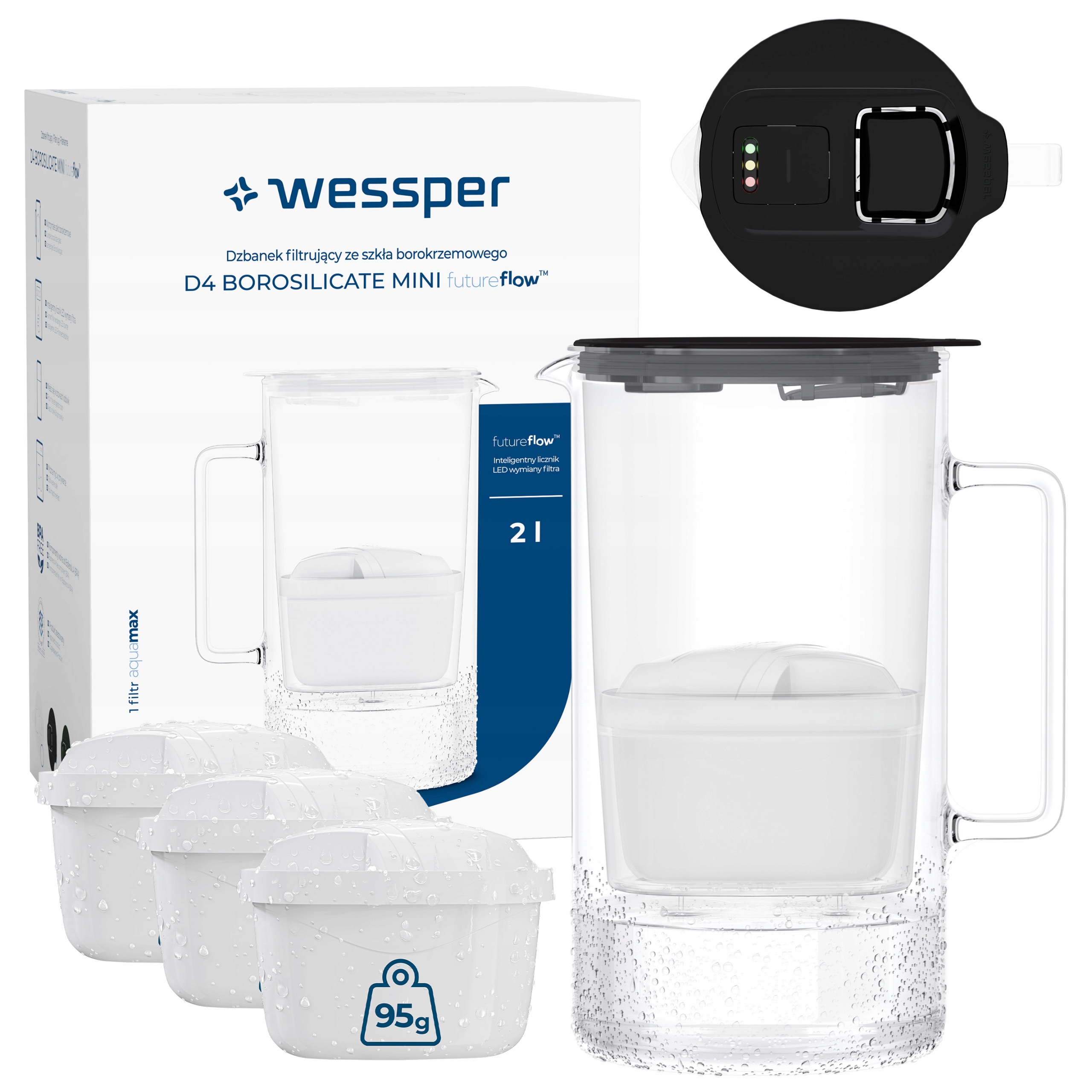 Dzbanek filtrujący szklany Wessper D4 Borosilicate Mini Ff 2l 4x filtr