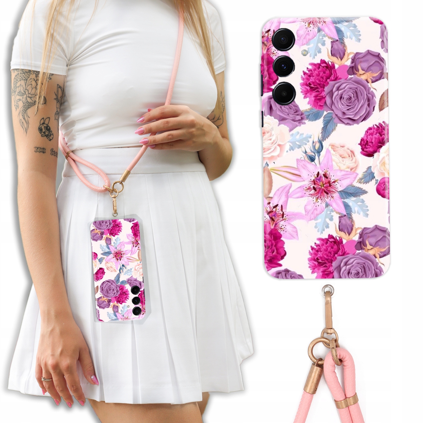Pouzdro Pro Samsung A55 5G Case Crossbody Květinové Jaro Kožené Vodítko Růžová Vz