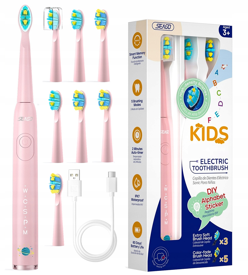 Soniczna szczoteczka Seago SG-2303 dzieci 3-12 lat, 8 końcówek, Usb, różowa