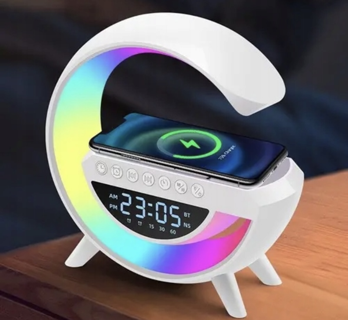Inteligentna Nocna Lampka Led z Ładowarką,Głośnik, Bluetooth, Radio, Zegar