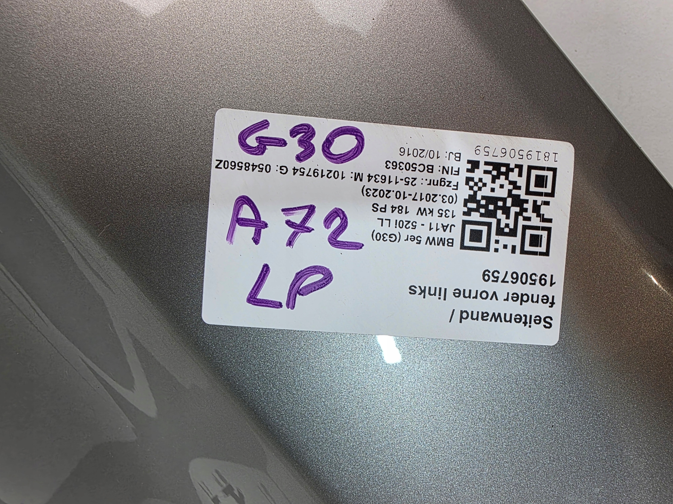 fender left front BMW 5 G30 G31 A72 KASCHMIR SILBER METALIC