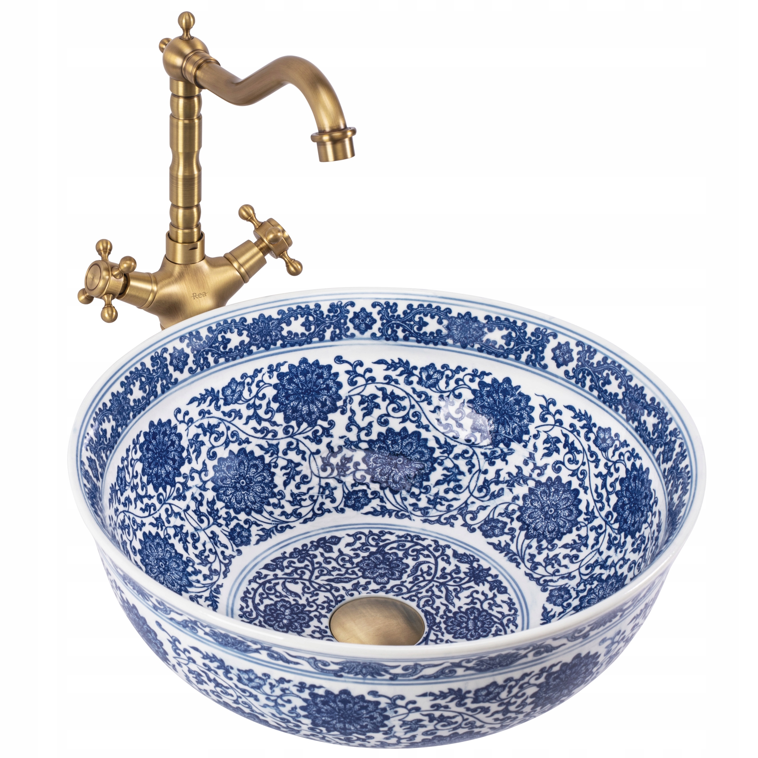 Okrúhla umývadlová doska modrá biely kvetinový vzor Rea Bella 41 cm