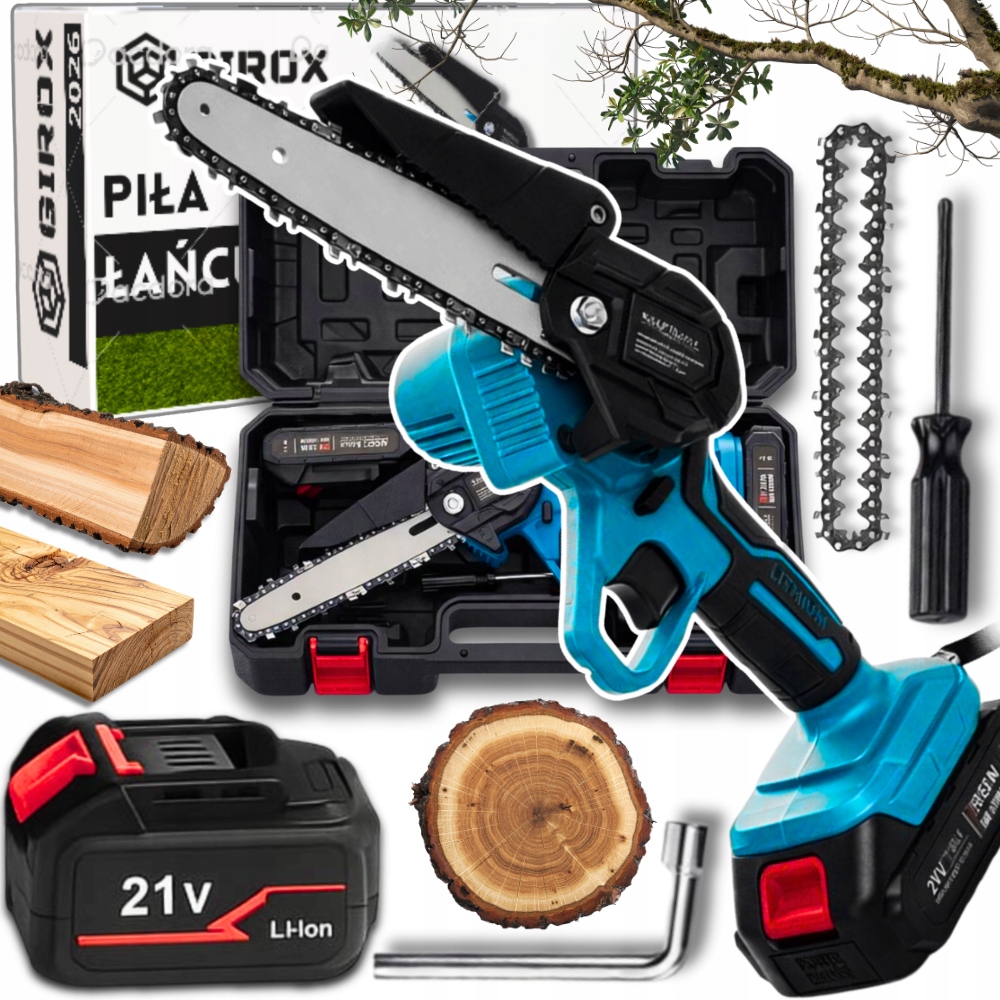 Piła Łańcuchowa Akumulatorowa Pilarka Gałęziówka Ręczna 2 Baterie 21V