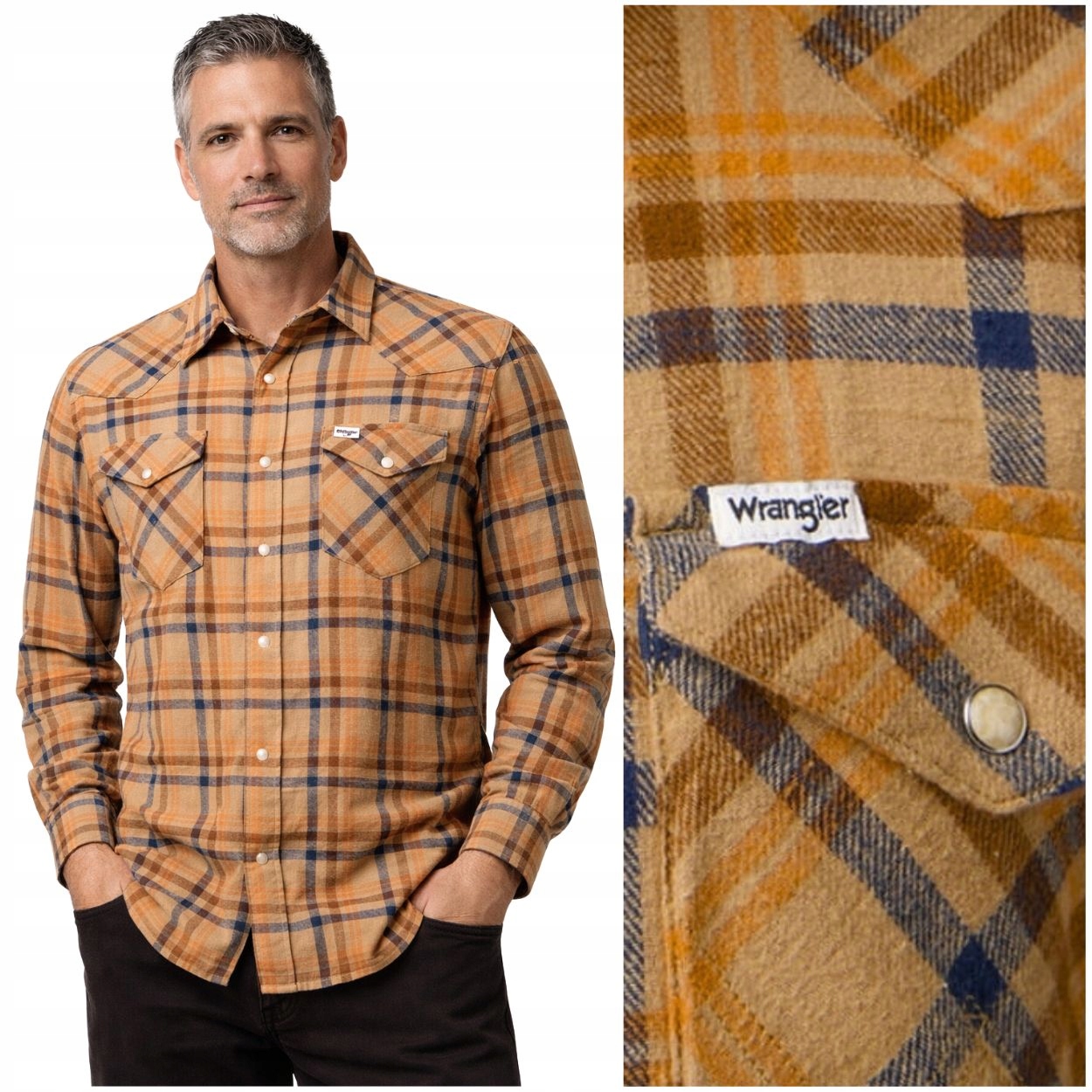 Wrangler Western Shirt Brown Blue pánská kostkovaná bavlněná košile, velikost XL