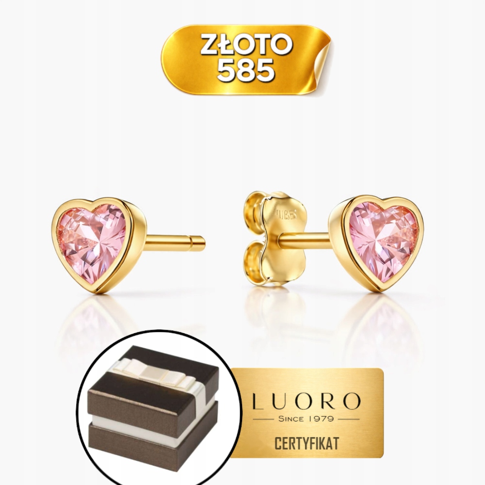 Náušnice Zlaté 585 14K Srdce S Růžovým Kamenem 5 MM Dárek