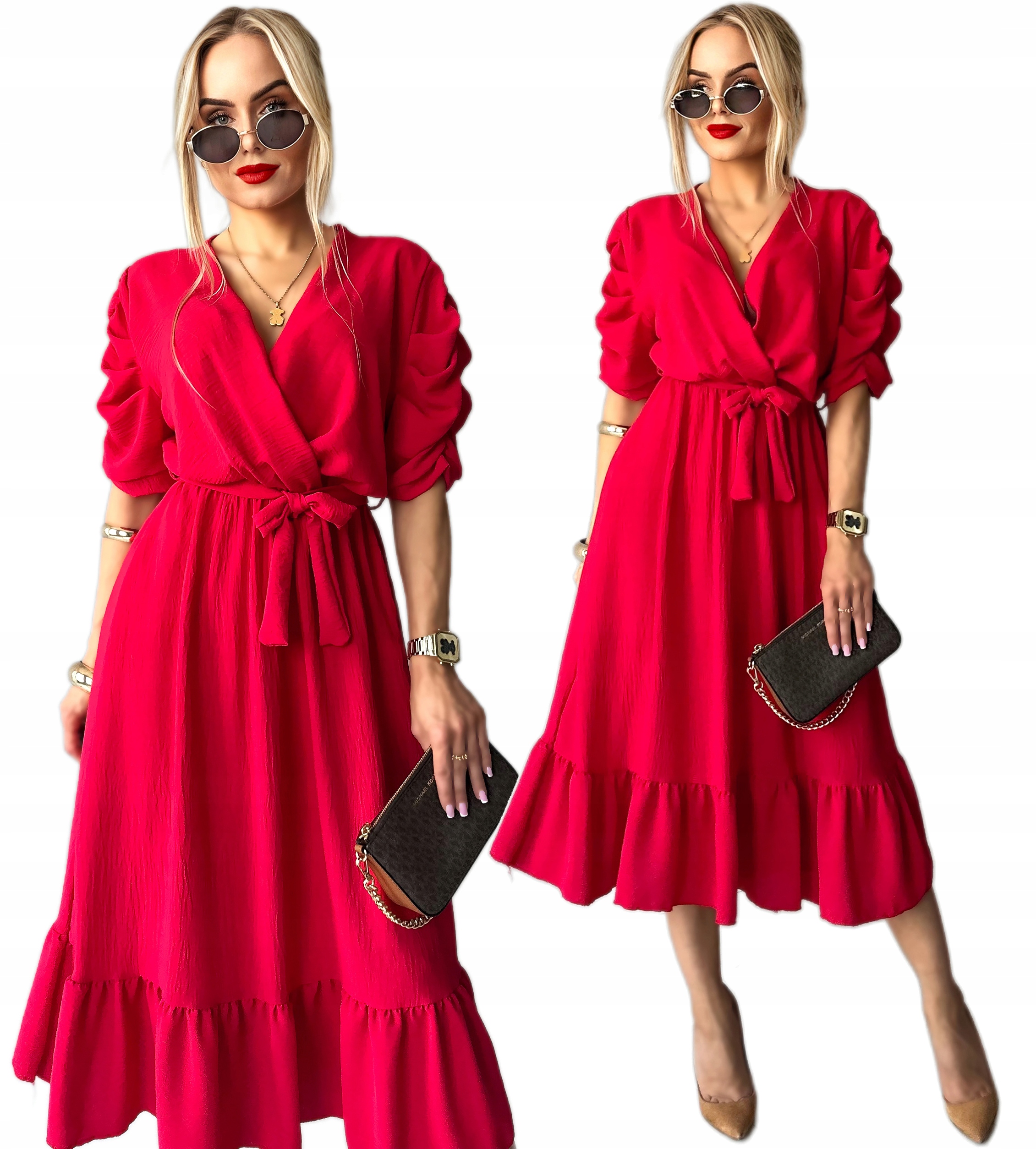 Sukienka Damska rozkloszowana falbana drapowany rękaw wesele Lara