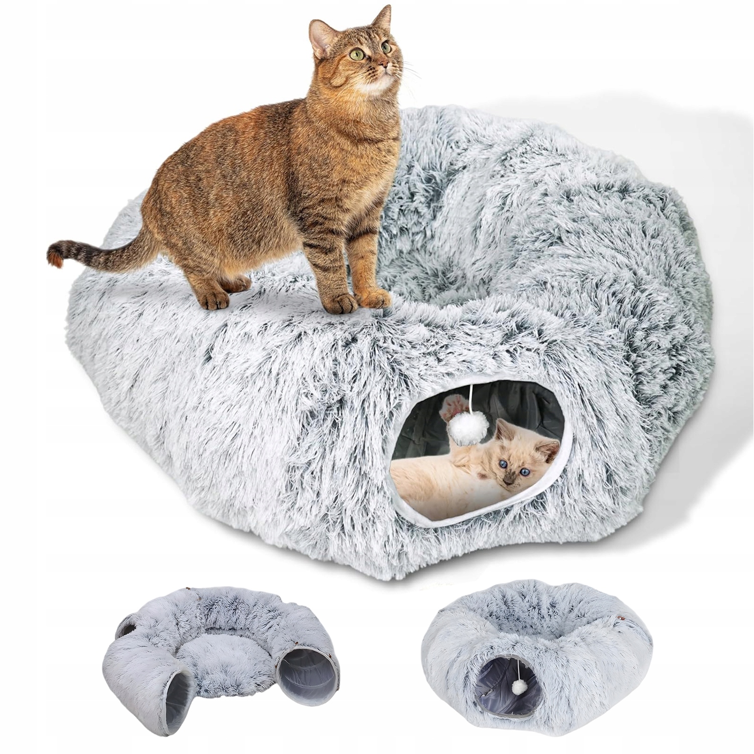 Levně Pelíšek Tunel pro kočky Donut Polštář 2v1 Šedý 170 CM Skládací