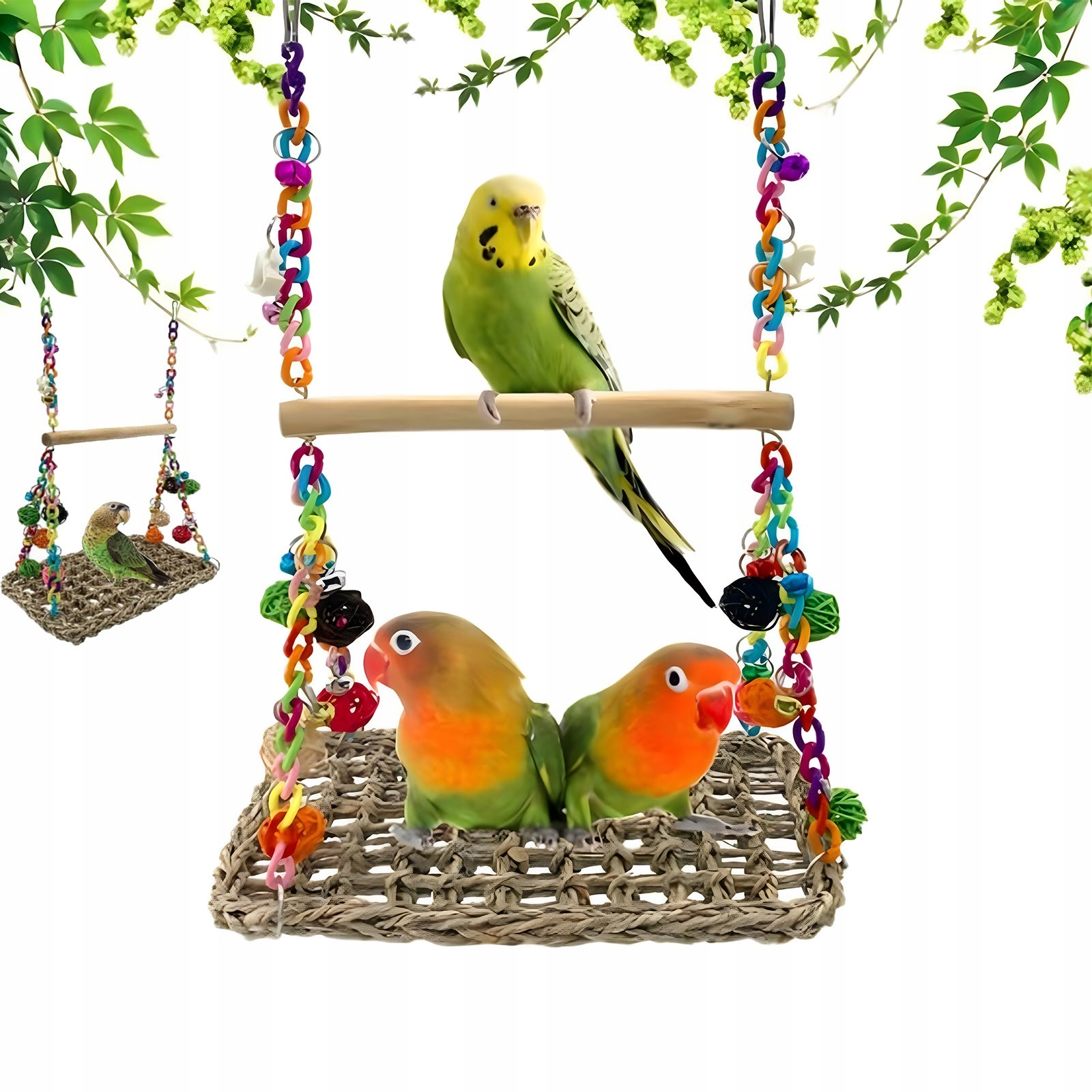 Hračky pro papoušky – houpačka se zvonky, dřevěná sada, lezecí síť