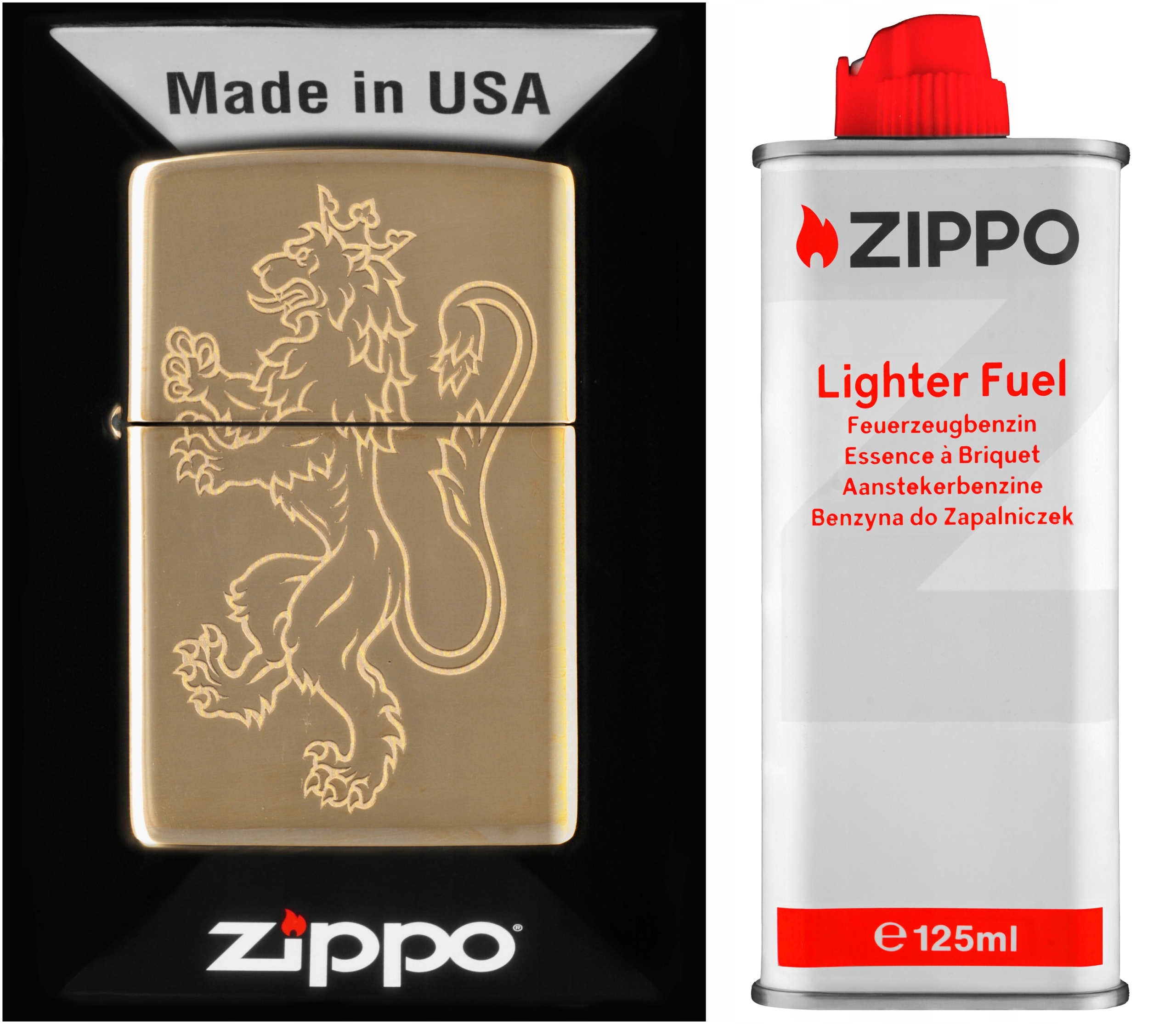 Sada Zippo Zapalovač Medieval Lion Design Benzín 125 ml