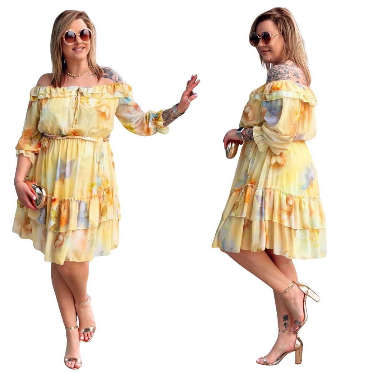 Šaty Velké velikosti Plus Size Dámská Cavaricci Španělka Květiny Žlutá