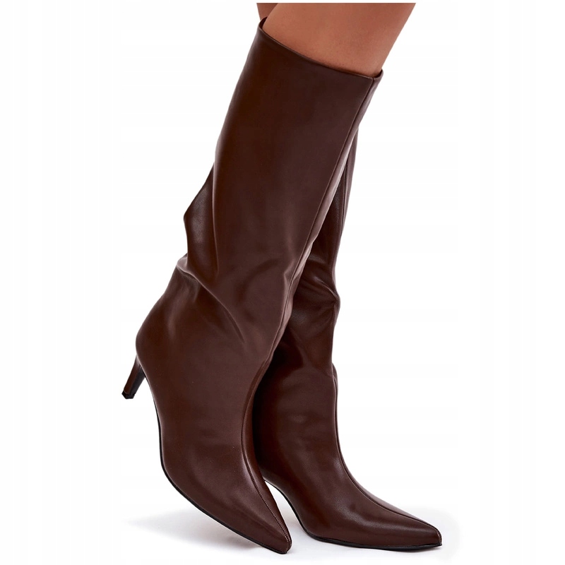 Dámské Zateplené Kozačky S Nazouvacím Podpatkem A Podpatkem, Eko Kůže, Hnědé 41