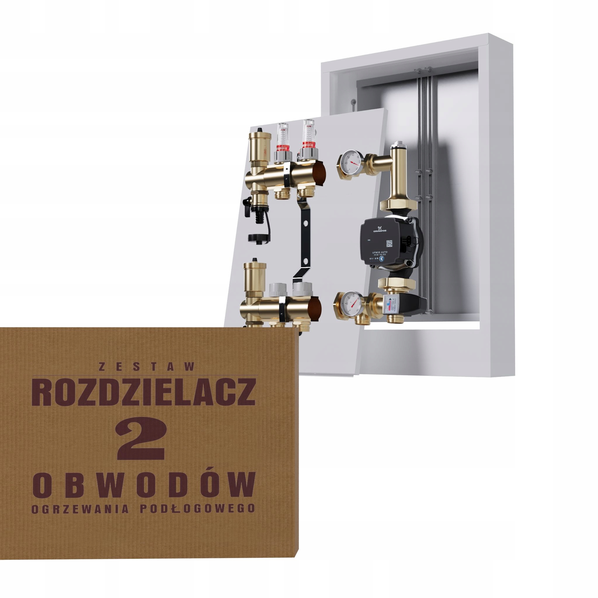 Rozdělovač pro podlahu 2 okruhy s čerpadlem Grundfos nástěnný box