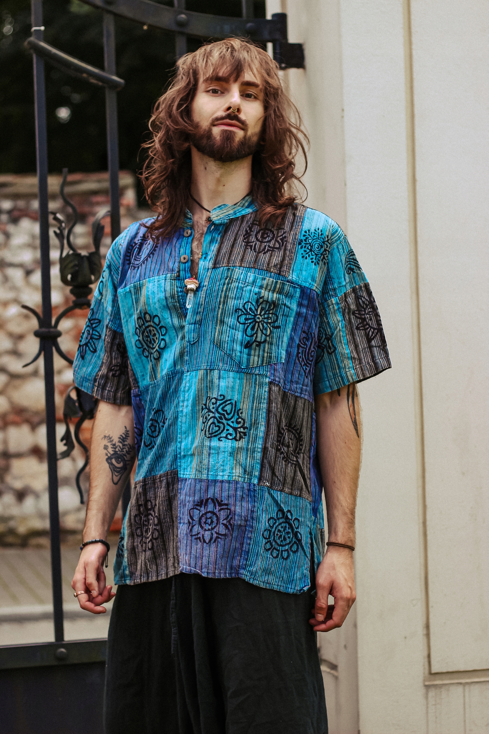 Nepálská bavlněná košile s krátkým rukávem Patchwork modrá L