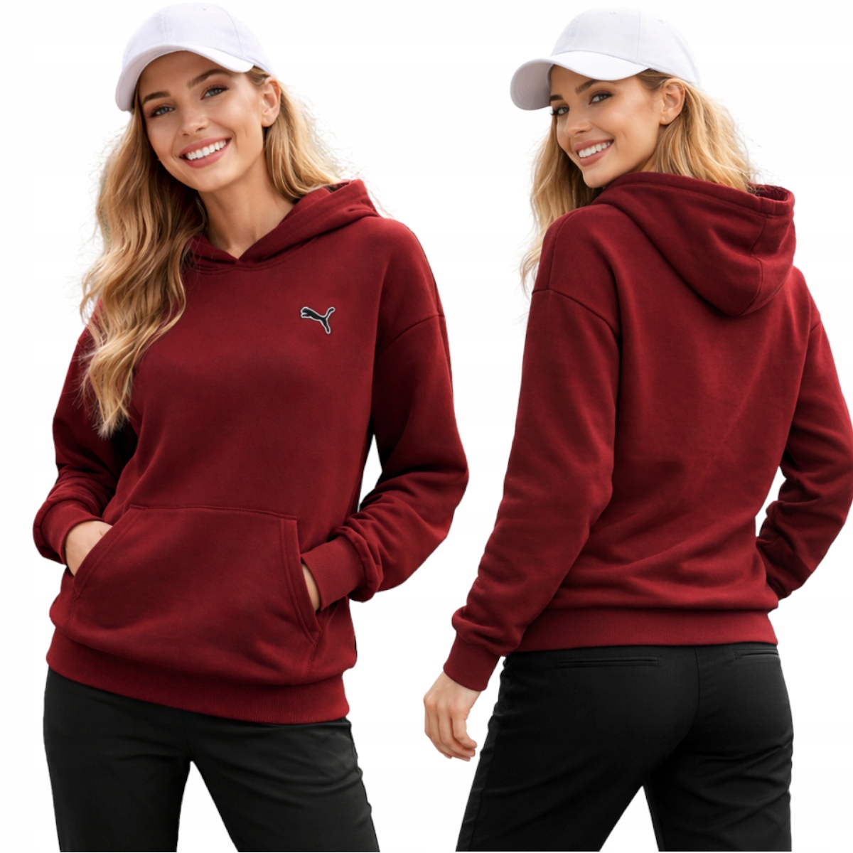 Bluza Puma Damska Dziewczęca Burgund Małe Logo Bawełniana Kaptur r. XL