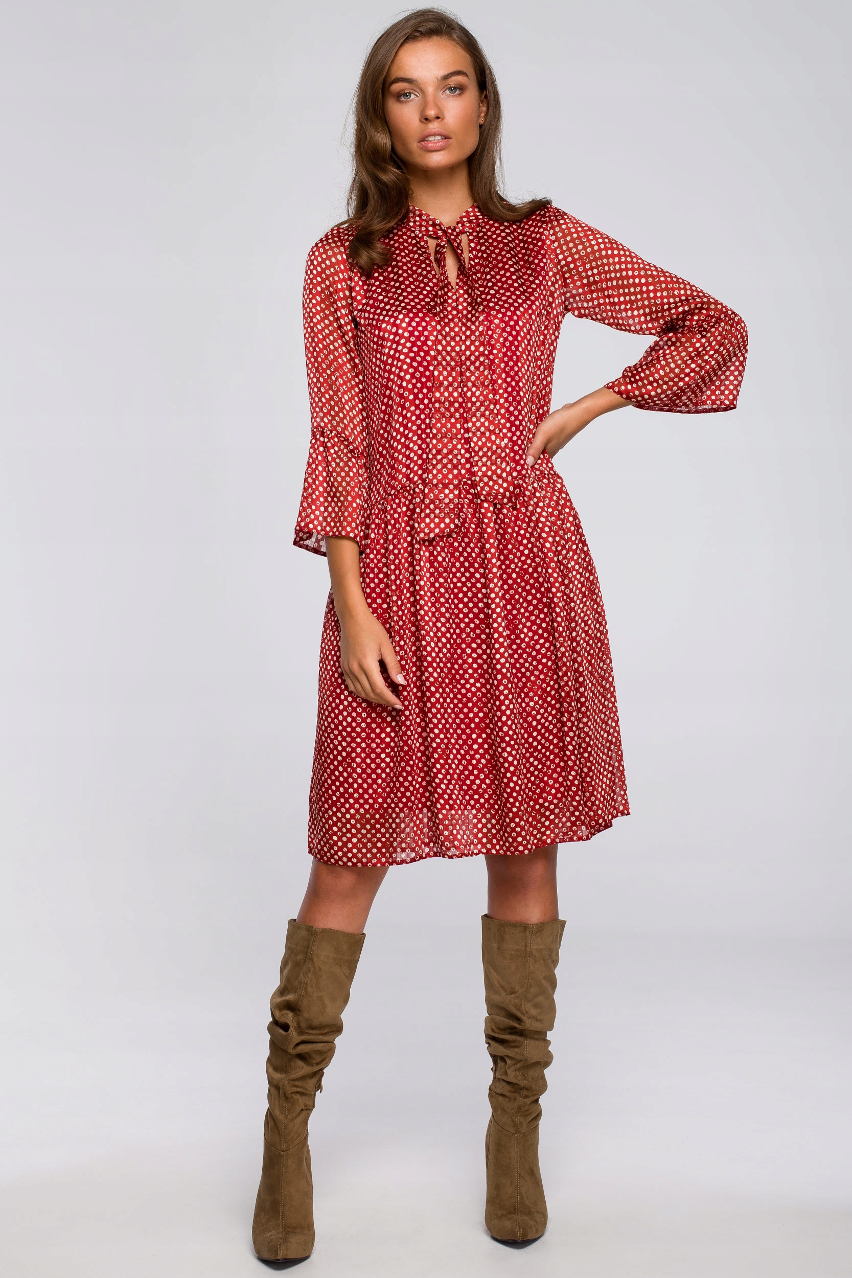 KOBIECA SUKIENKA NA WESELE DAMSKA SZYFONOWA W GROSZKI CZERWONA 38 M Marka Stylove