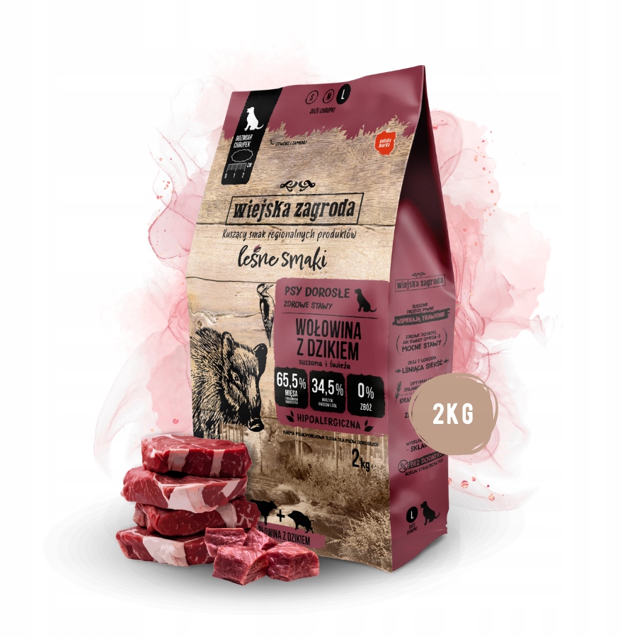 Wiejska Zagroda Lesní Příchutě Krmivo pro psa Hovězí Divočák Velké plemena L 2 kg