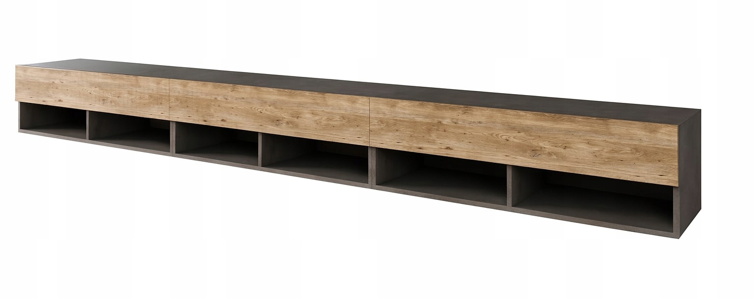 Rtv skříňka 300 cm Lowboard moderní, závěsná, stojící, 3 klapky, kaštan mat