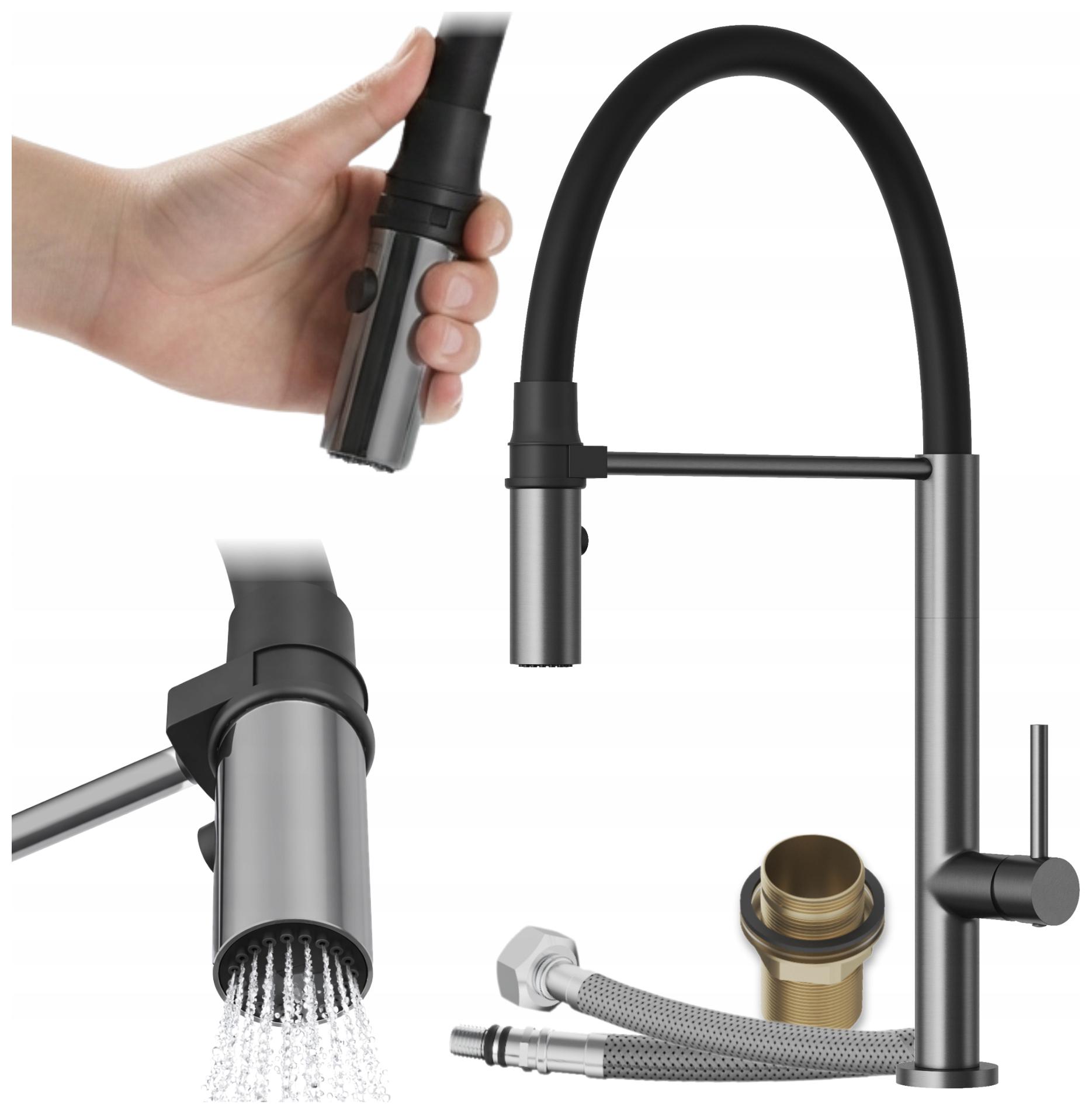 Bateria kuchenna Kran Czarna Elastyczna wylewka Stojąca Gun Metal Scala