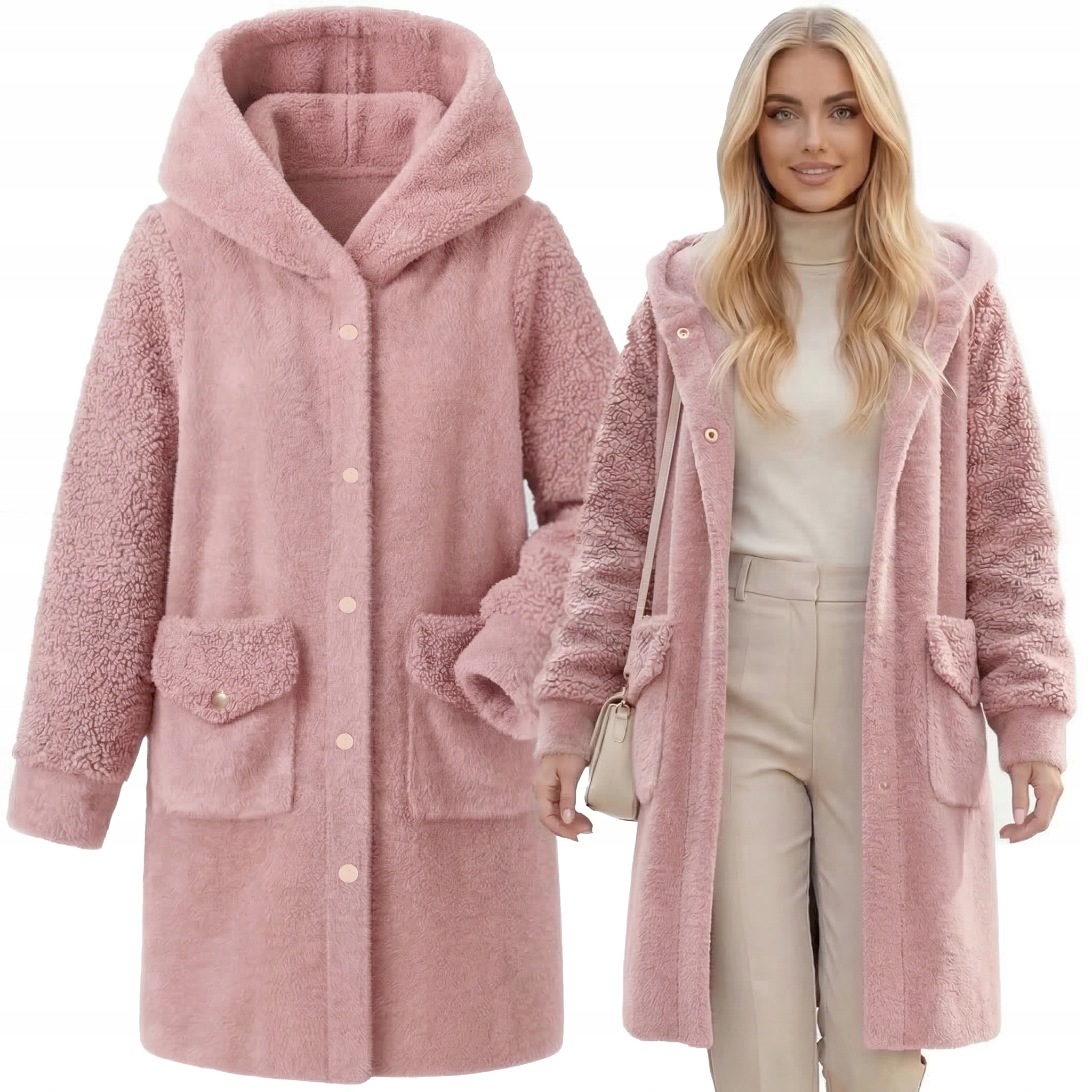 Miękka Ciepła Alpaka Z Barankiem Płaszcz Z Wełną Ciepły Pudrowy Róż