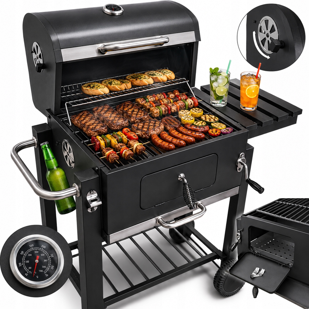 Grill Węglowy Ogrodowy Duzy Stalowy Ruszt Z Pokrywą Na Kółkach Termometr