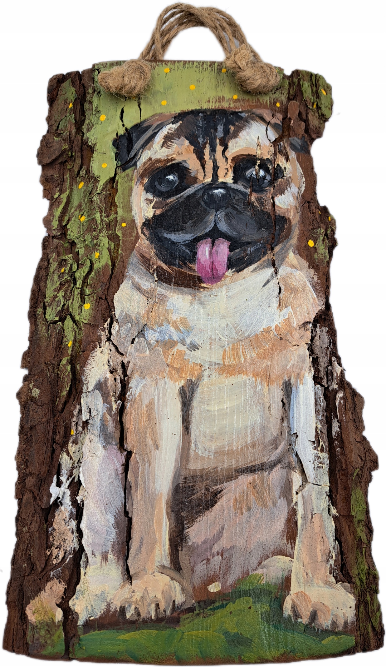 Obraz na pevném dřevě s kůrou pro výzdobu pes Mops