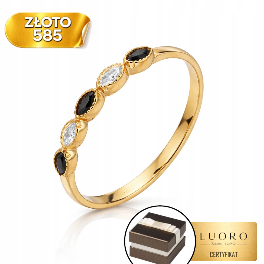 Prstýnek 585 14K Slzy Černé Kameny Zirkon Elegantní R09