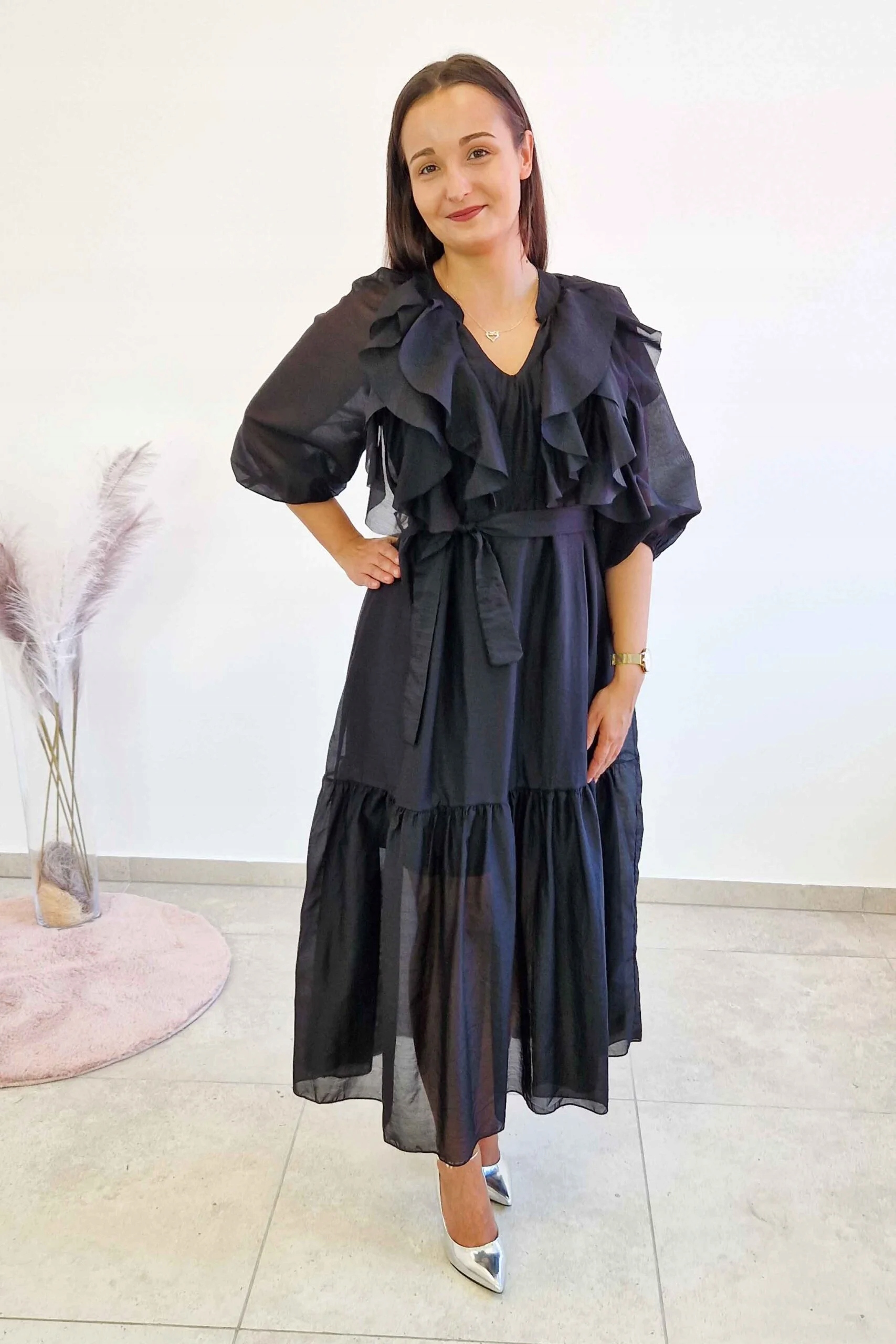 Elegantní vzdušné maxi Šaty s volánky černé Uni