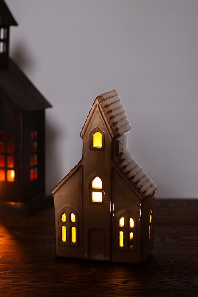 LAMPION ŚWIĄTECZNY KOŚCIÓŁ LED ceramiczny beżowy wys. 18cm Kolor beżowy